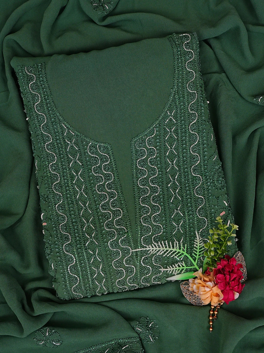 Ada Hand Embroidered Green Viscose Georgette Lucknowi Chikankari Unstitched Kurta Dupatta Set With Cutdana Work 01A180836