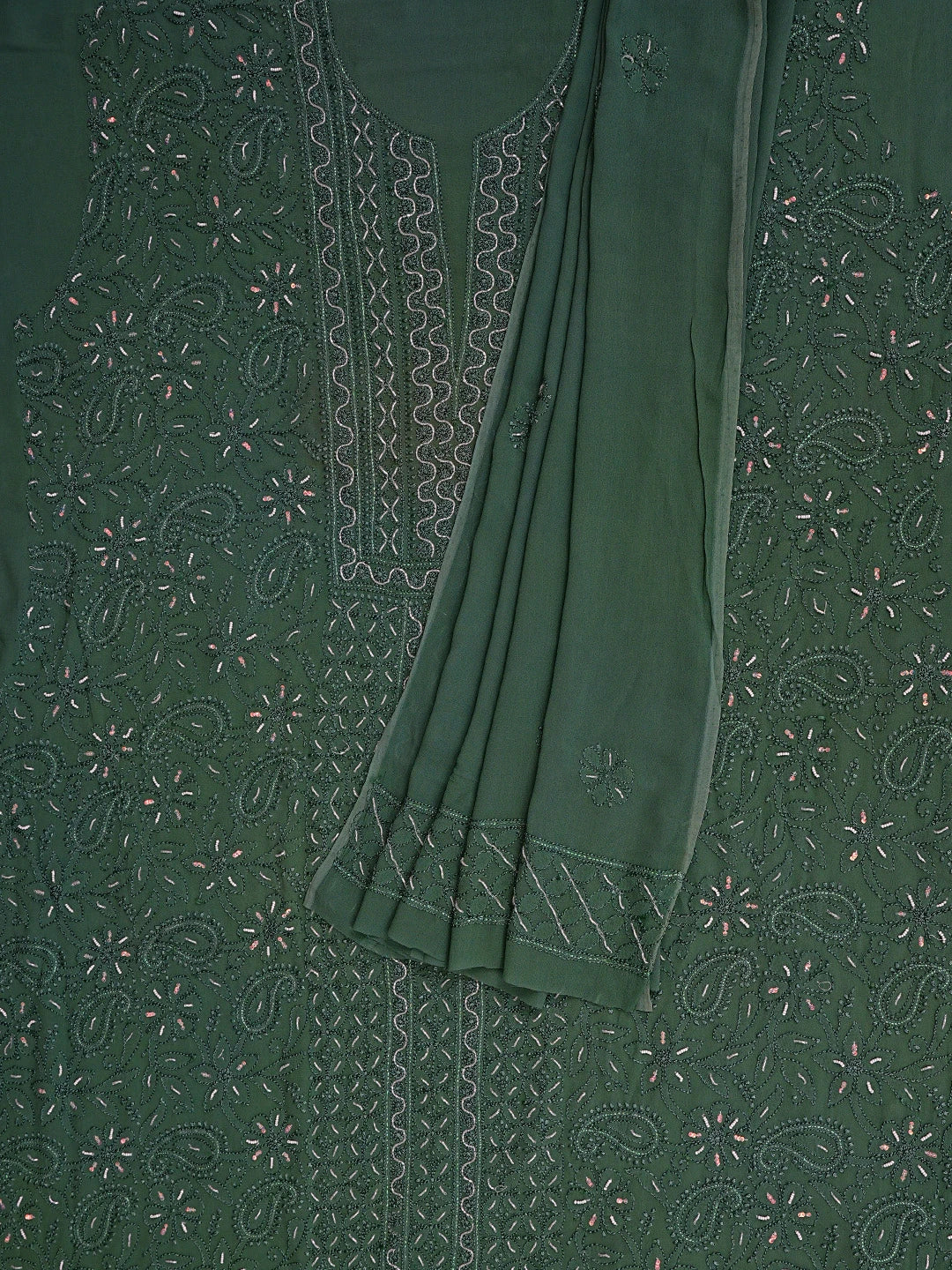 Ada Hand Embroidered Green Viscose Georgette Lucknowi Chikankari Unstitched Kurta Dupatta Set With Cutdana Work 01A180836