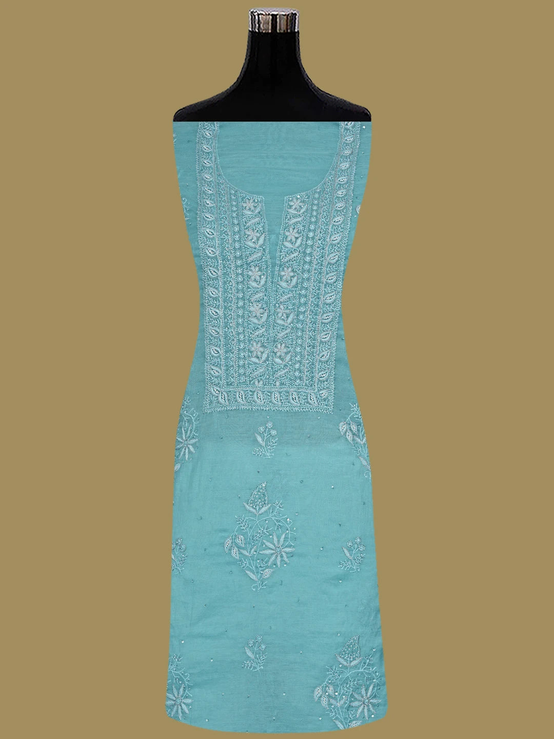 Ada Hand Embroidered Blue Chanderi Lucknowi Chikankari Unstitched Kurta Dupatta Set With Cutdana Work 01A605344