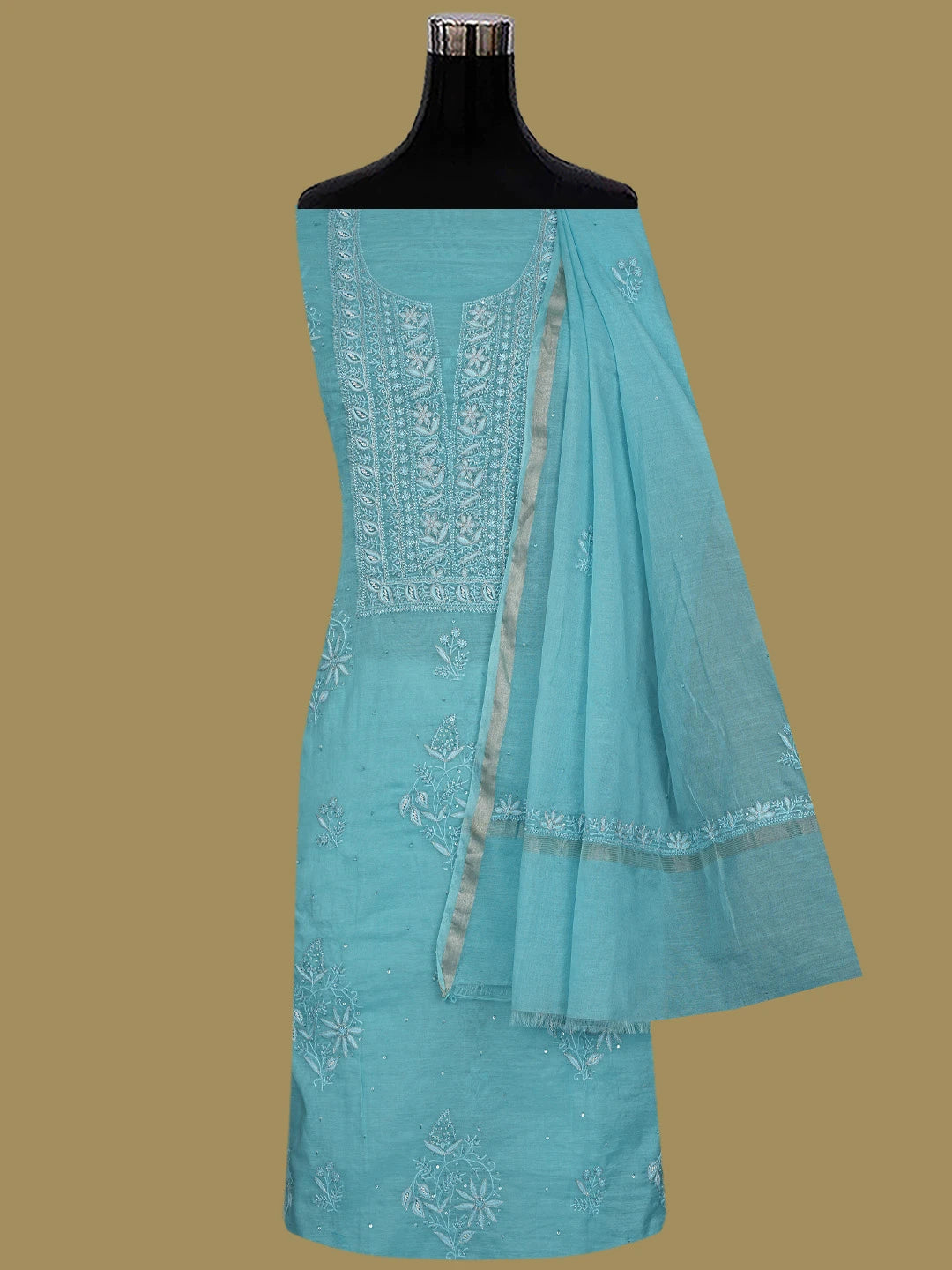 Ada Hand Embroidered Blue Chanderi Lucknowi Chikankari Unstitched Kurta Dupatta Set With Cutdana Work 01A605344