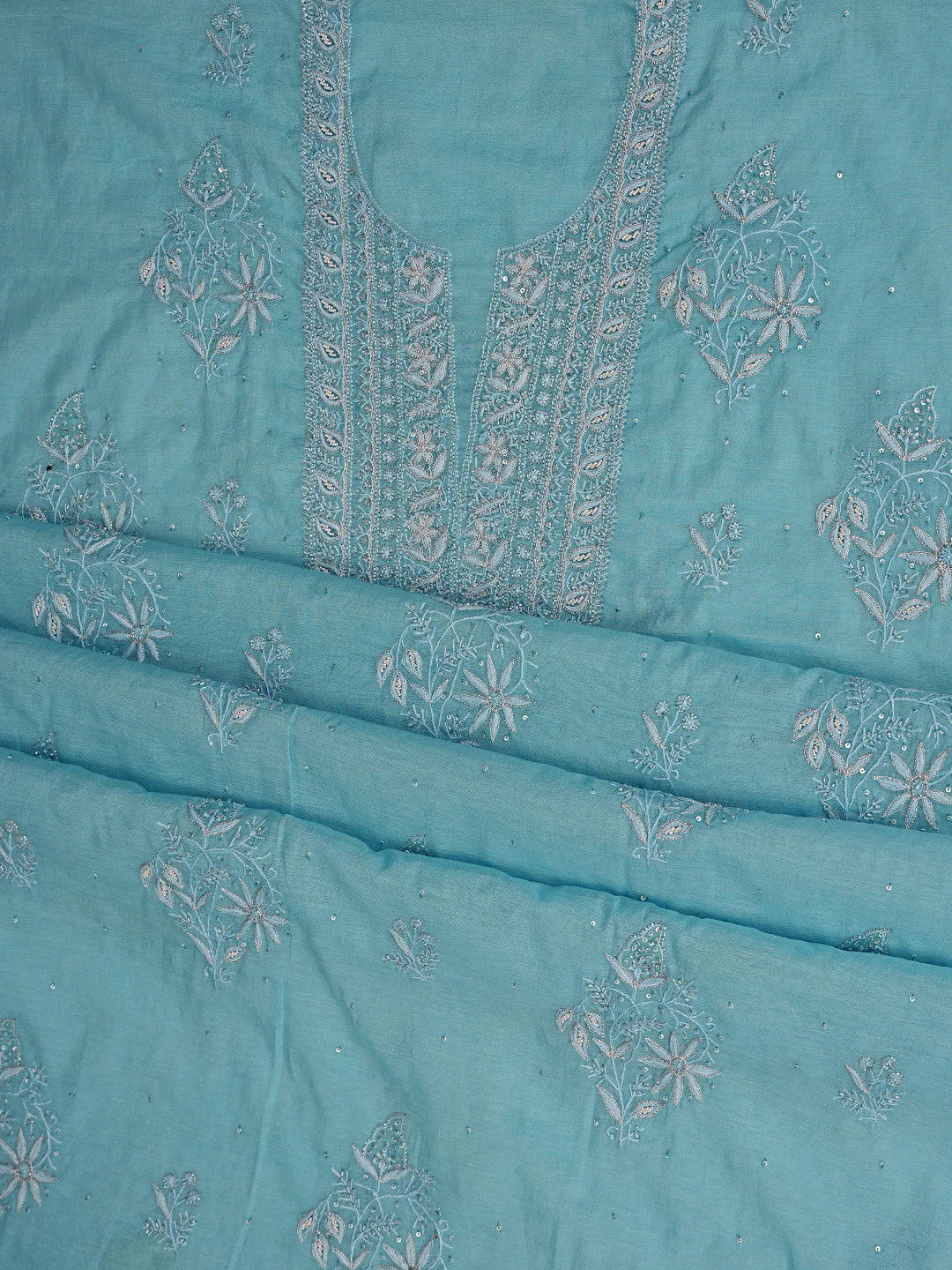 Ada Hand Embroidered Blue Chanderi Lucknowi Chikankari Unstitched Kurta Dupatta Set With Cutdana Work 01A605344