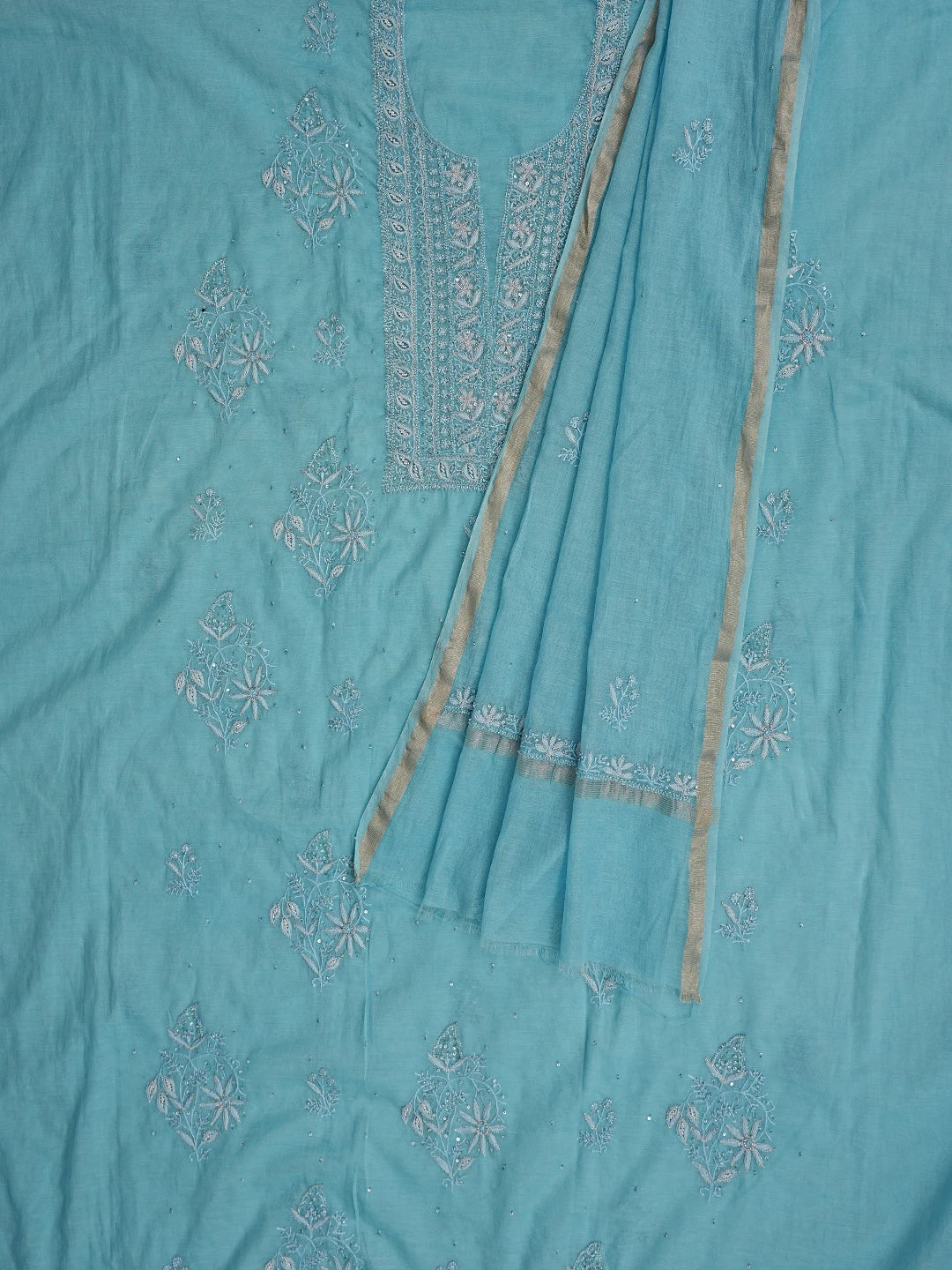 Ada Hand Embroidered Blue Chanderi Lucknowi Chikankari Unstitched Kurta Dupatta Set With Cutdana Work 01A605344
