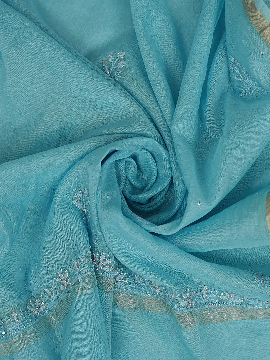 Ada Hand Embroidered Blue Chanderi Lucknowi Chikankari Unstitched Kurta Dupatta Set With Cutdana Work 01A605344