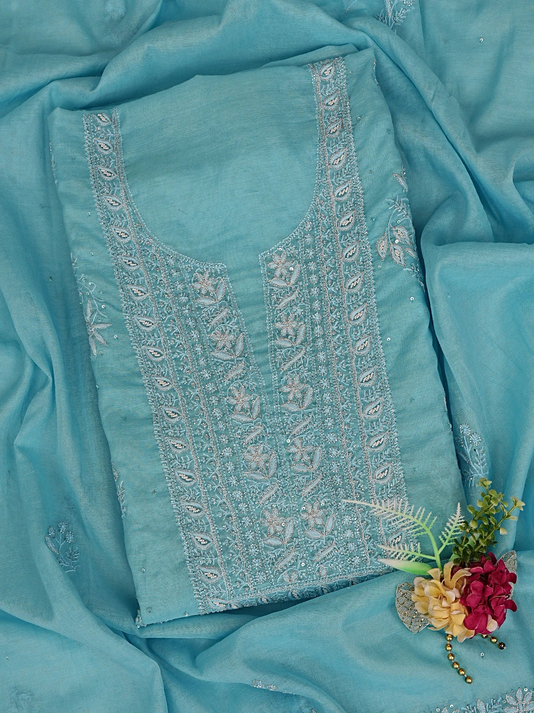 Ada Hand Embroidered Blue Chanderi Lucknowi Chikankari Unstitched Kurta Dupatta Set With Cutdana Work 01A605344