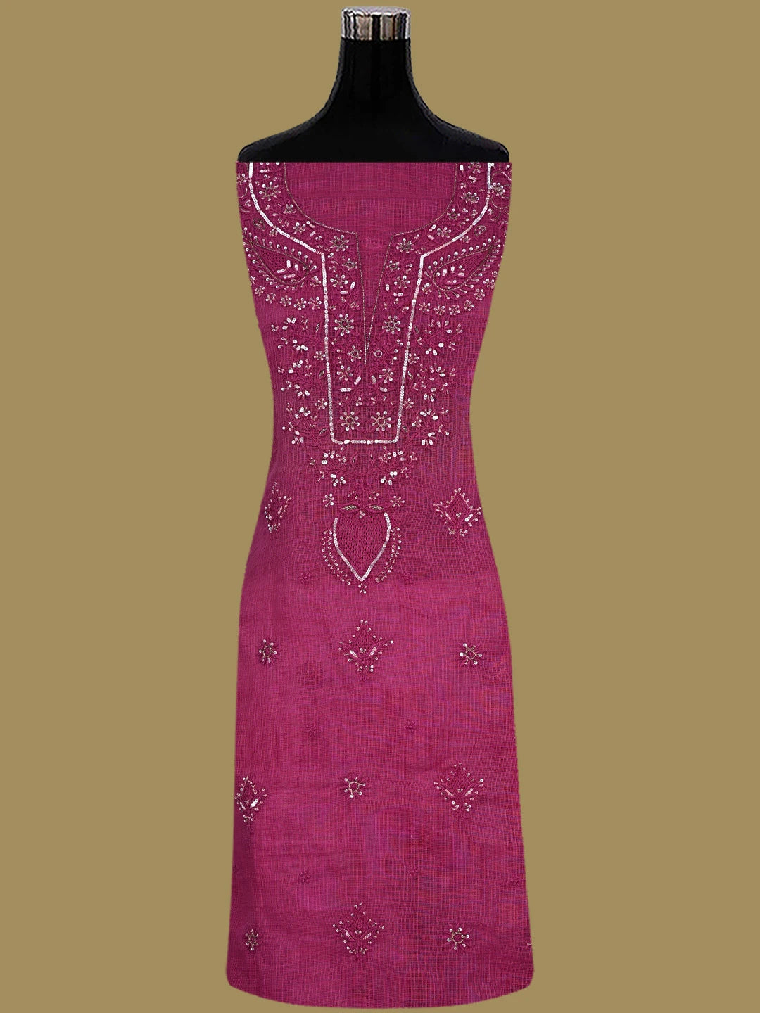 Ada Hand Embroidered Magenta Kota Lucknowi Chikankari Unstitched Kurta Dupatta Set With Cutdana Work 01A553283