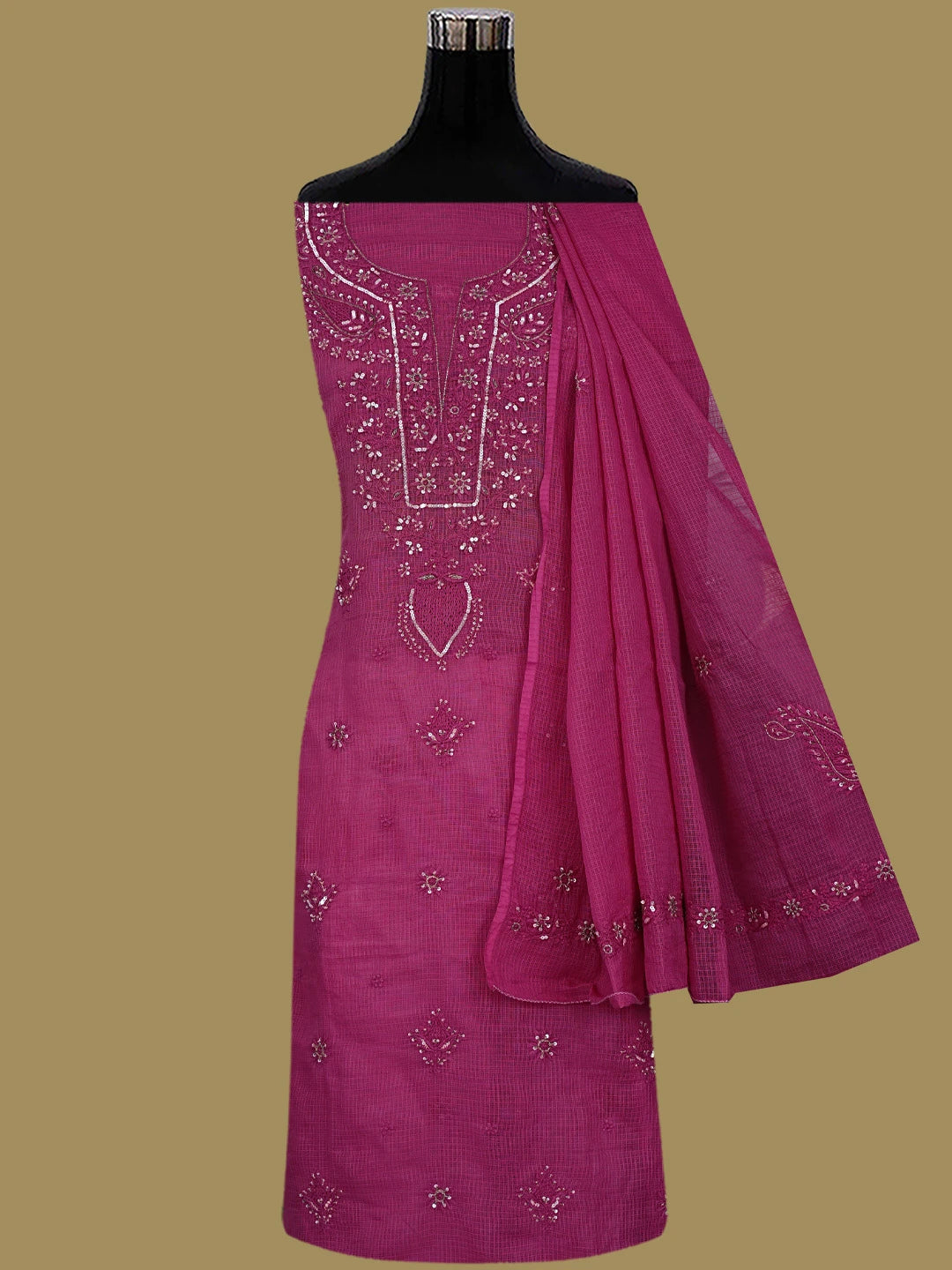 Ada Hand Embroidered Magenta Kota Lucknowi Chikankari Unstitched Kurta Dupatta Set With Cutdana Work 01A553283