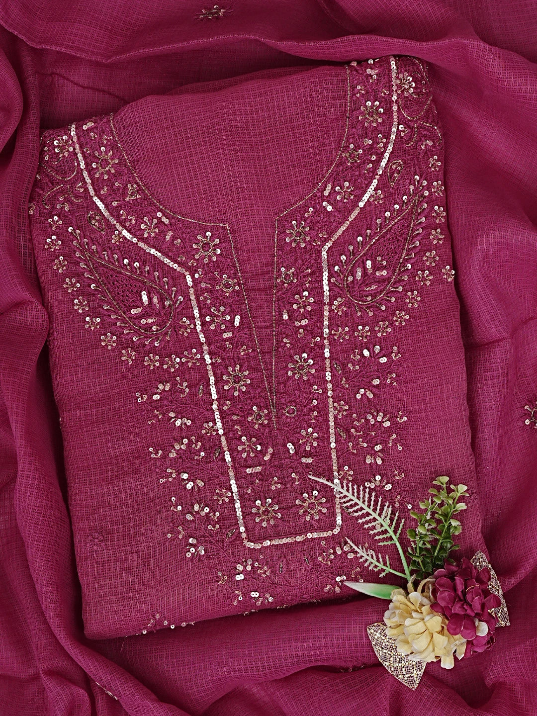 Ada Hand Embroidered Magenta Kota Lucknowi Chikankari Unstitched Kurta Dupatta Set With Cutdana Work 01A553283