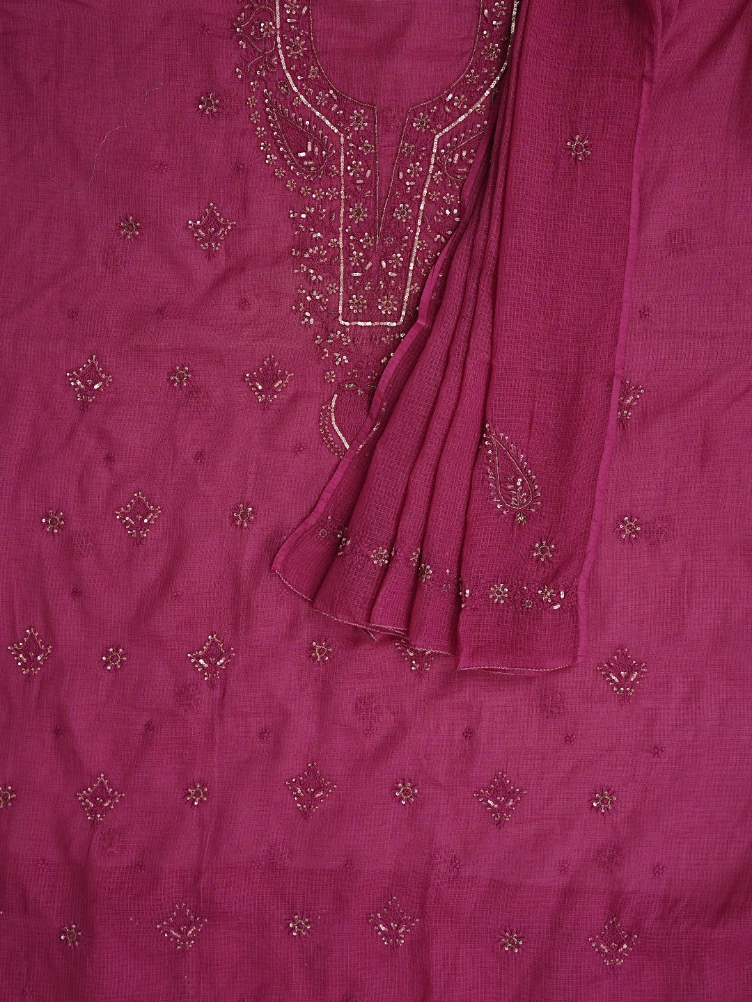 Ada Hand Embroidered Magenta Kota Lucknowi Chikankari Unstitched Kurta Dupatta Set With Cutdana Work 01A553283