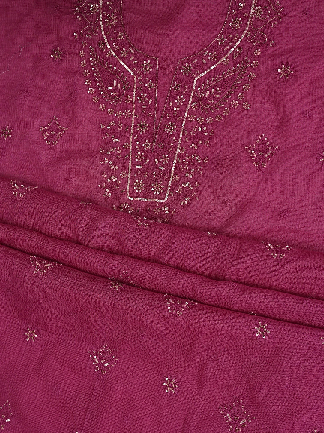 Ada Hand Embroidered Magenta Kota Lucknowi Chikankari Unstitched Kurta Dupatta Set With Cutdana Work 01A553283
