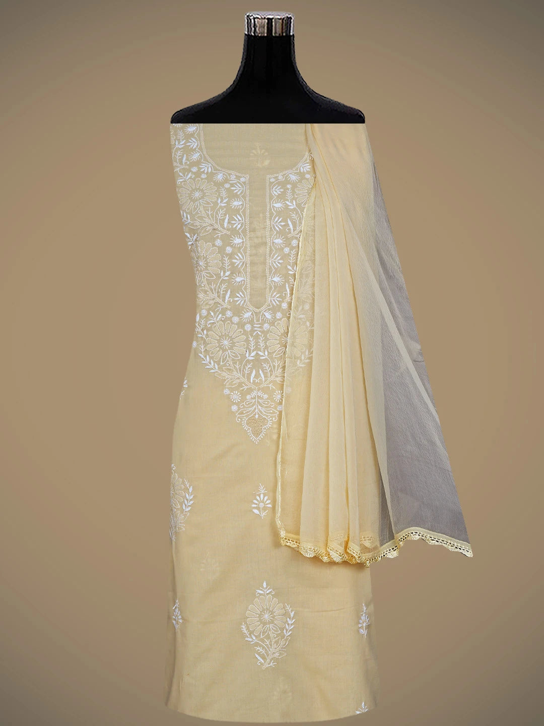 Ada Hand Embroidered Beige Cotton Lucknowi Chikankari Unstitched Suit Piece 01A762943