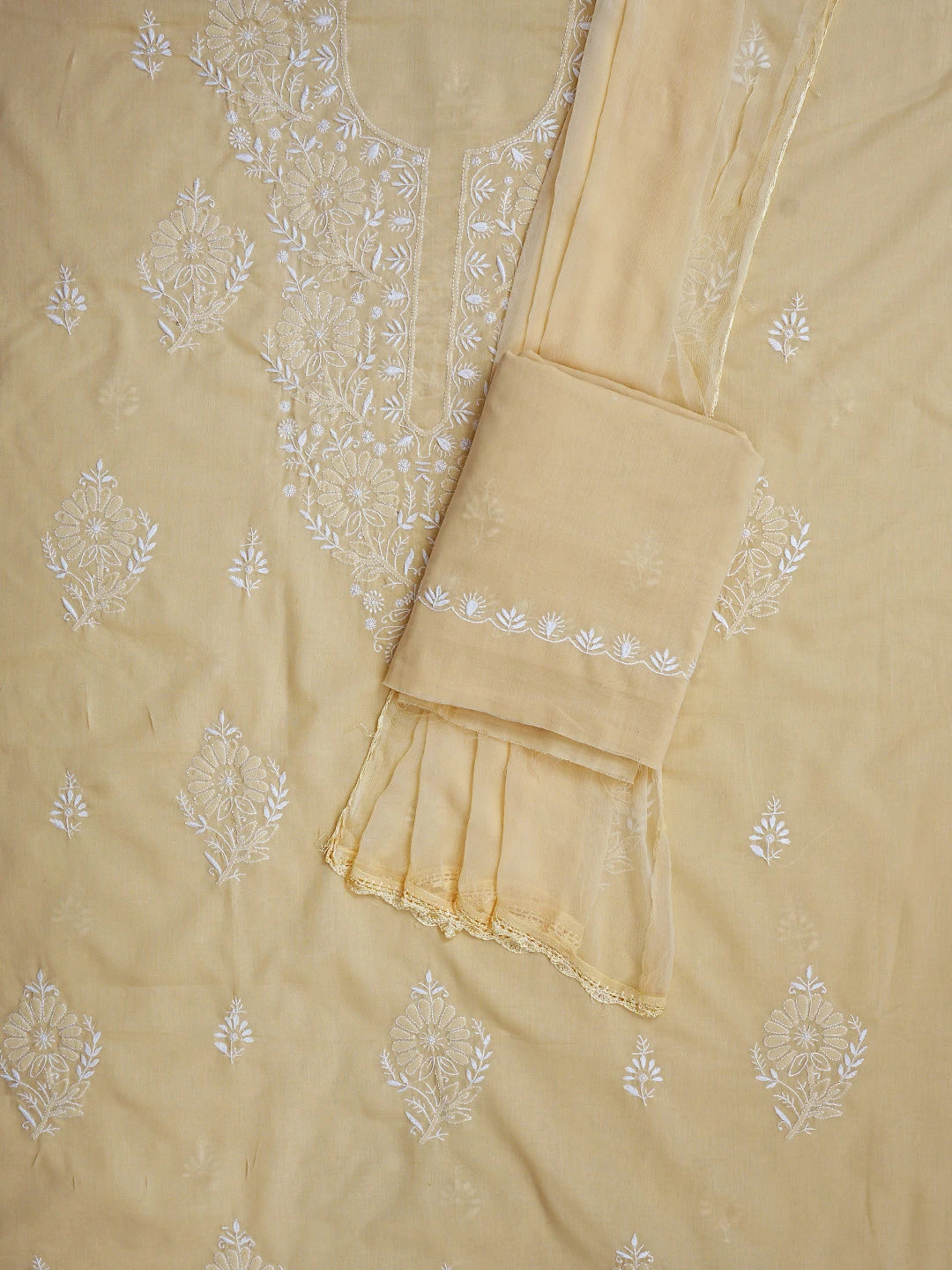 Ada Hand Embroidered Beige Cotton Lucknowi Chikankari Unstitched Suit Piece 01A762943