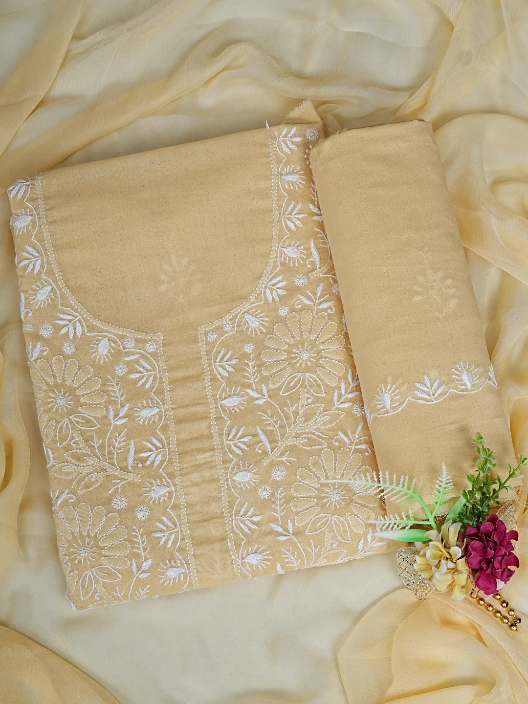 Ada Hand Embroidered Beige Cotton Lucknowi Chikankari Unstitched Suit Piece 01A762943