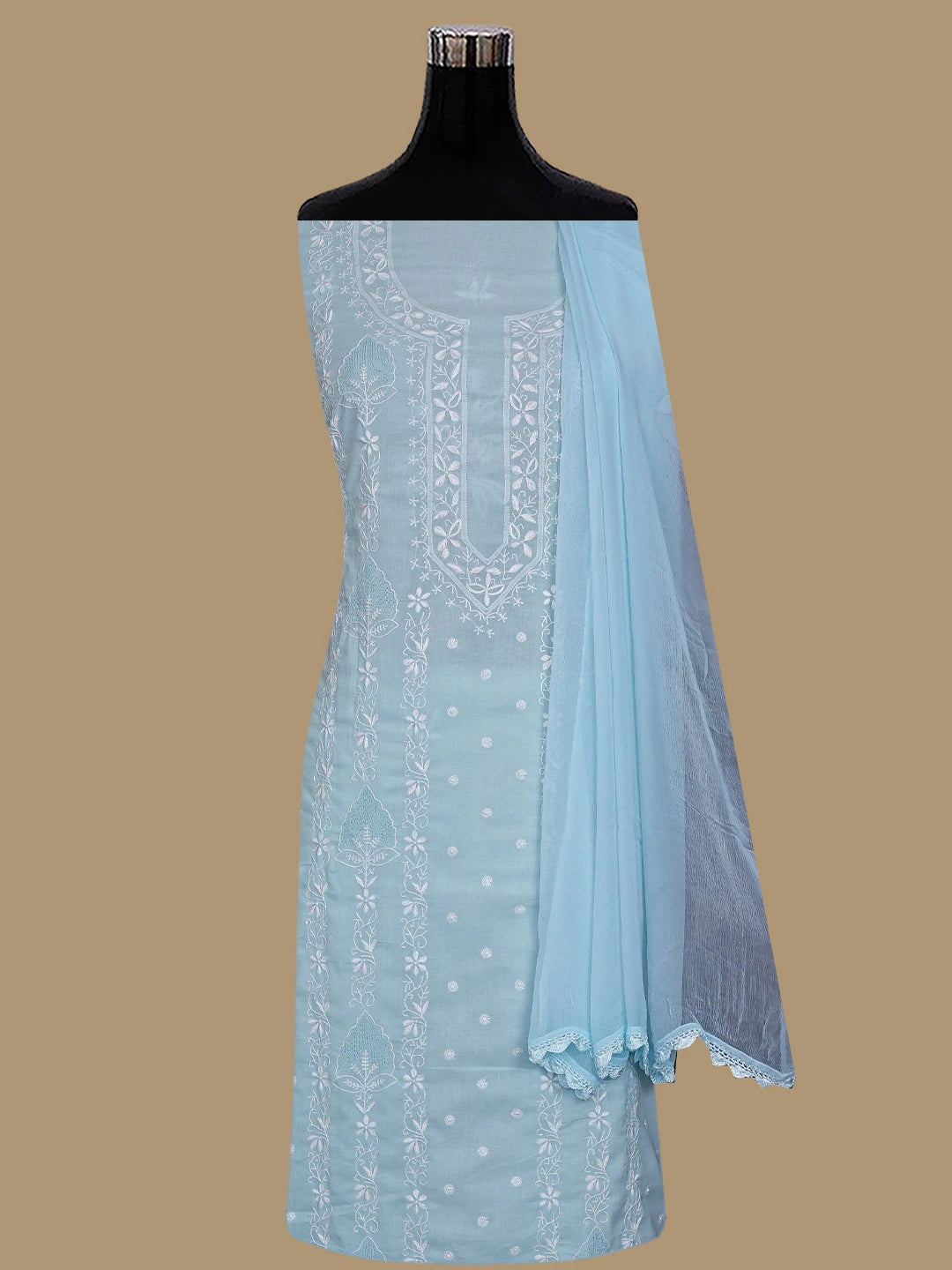 Ada Hand Embroidered Blue Cotton Lucknowi Chikankari Unstitched Suit Piece 01A773515