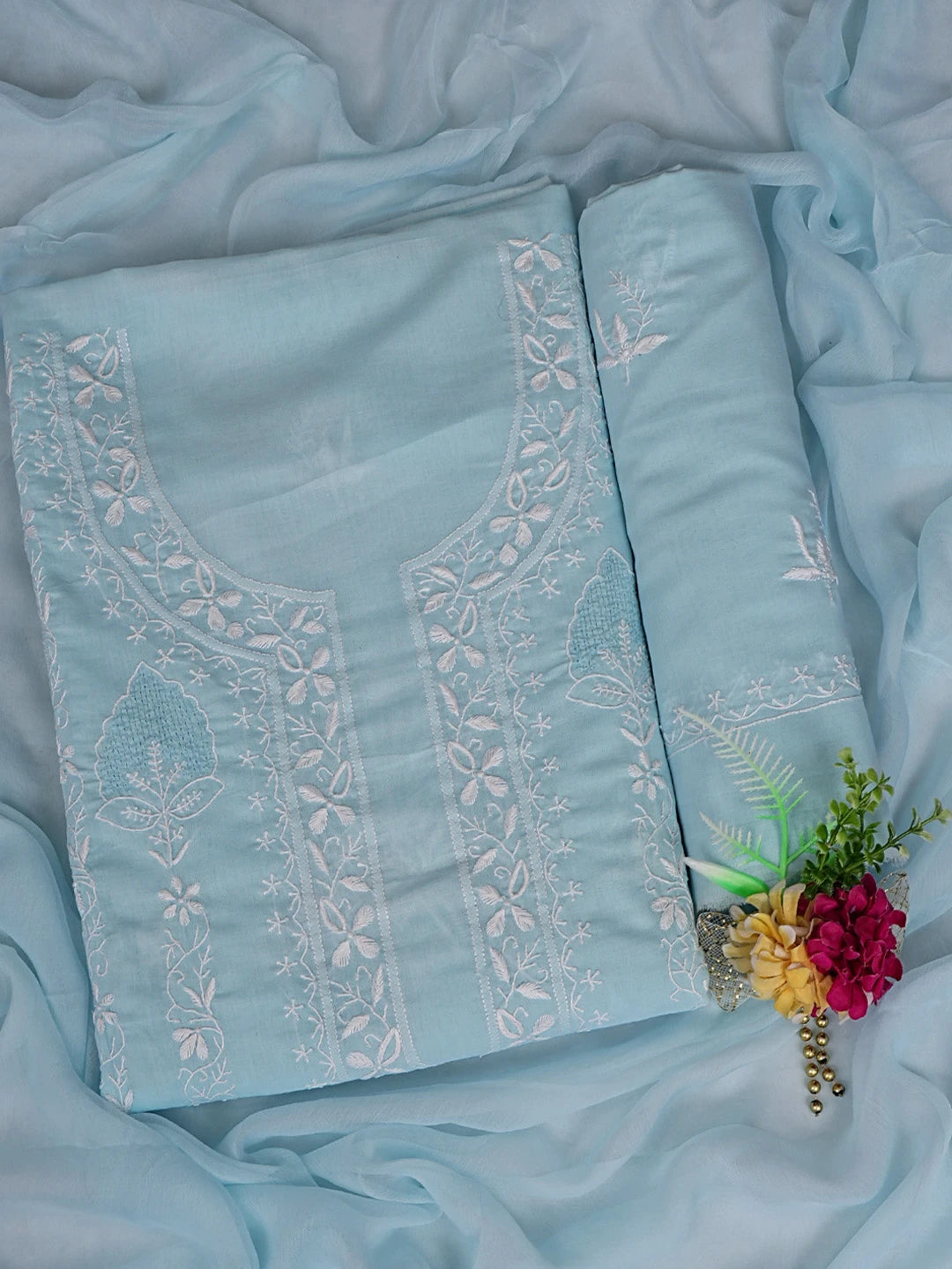 Ada Hand Embroidered Blue Cotton Lucknowi Chikankari Unstitched Suit Piece 01A773515
