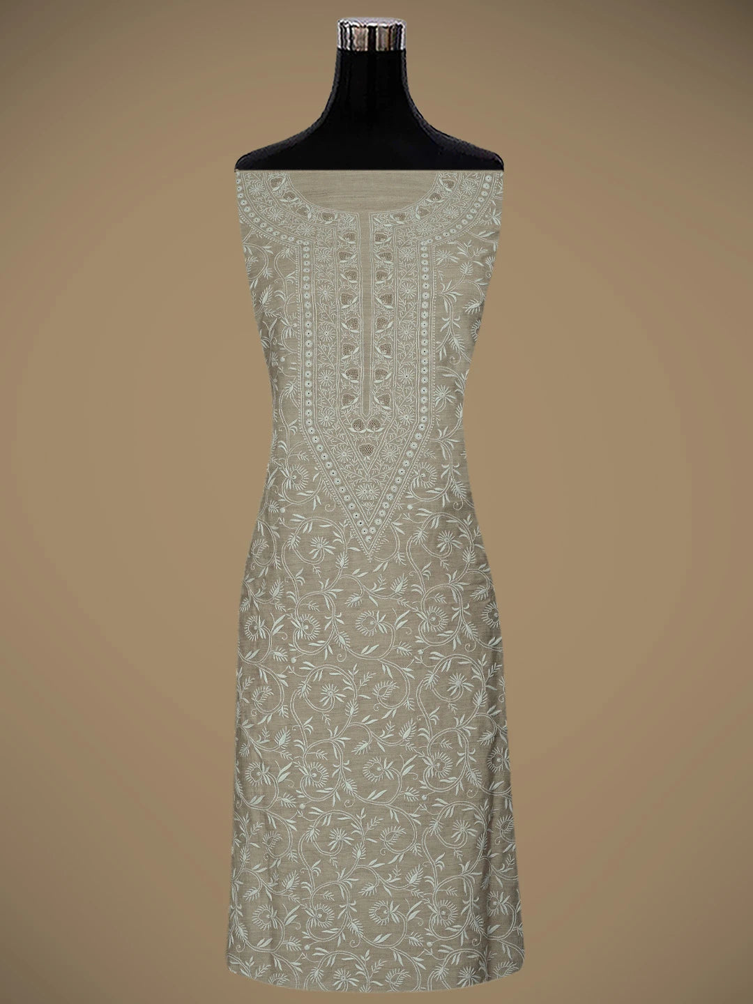 Ada Hand Embroidered Moonga Silk Fawn Lucknowi Chikankari Unstitched Kurta Dupatta Set 01A571505