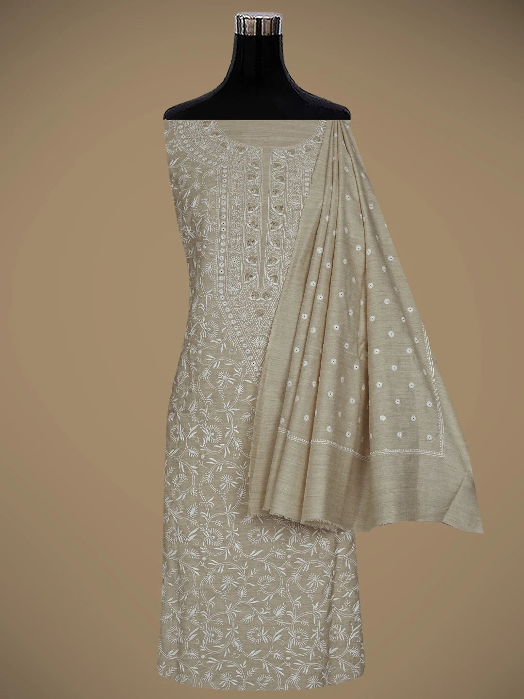 Ada Hand Embroidered Moonga Silk Fawn Lucknowi Chikankari Unstitched Kurta Dupatta Set 01A571505