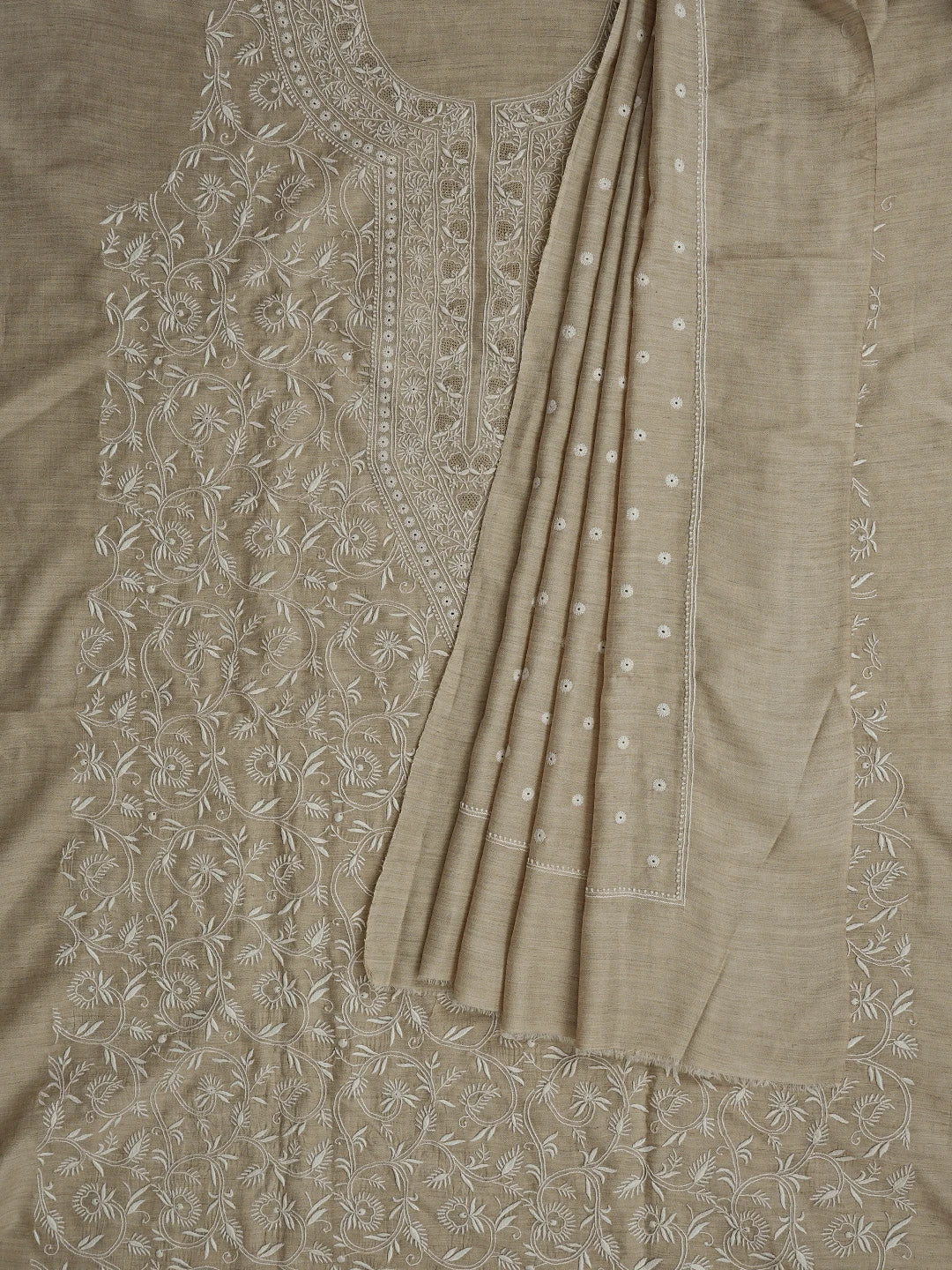 Ada Hand Embroidered Moonga Silk Fawn Lucknowi Chikankari Unstitched Kurta Dupatta Set 01A571505