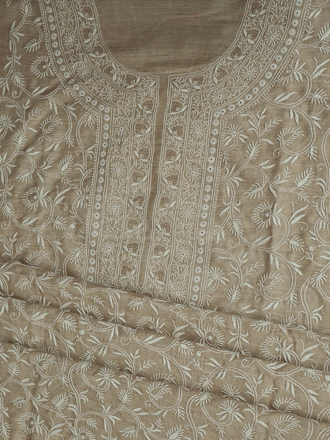 Ada Hand Embroidered Moonga Silk Fawn Lucknowi Chikankari Unstitched Kurta Dupatta Set 01A571505