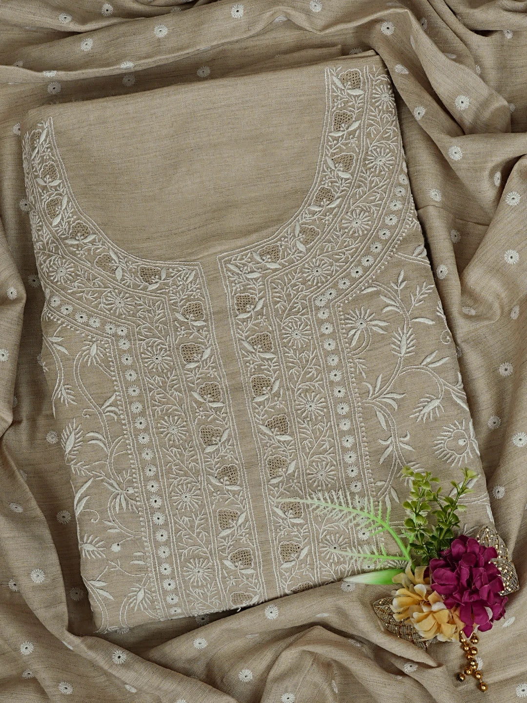 Ada Hand Embroidered Moonga Silk Fawn Lucknowi Chikankari Unstitched Kurta Dupatta Set 01A571505