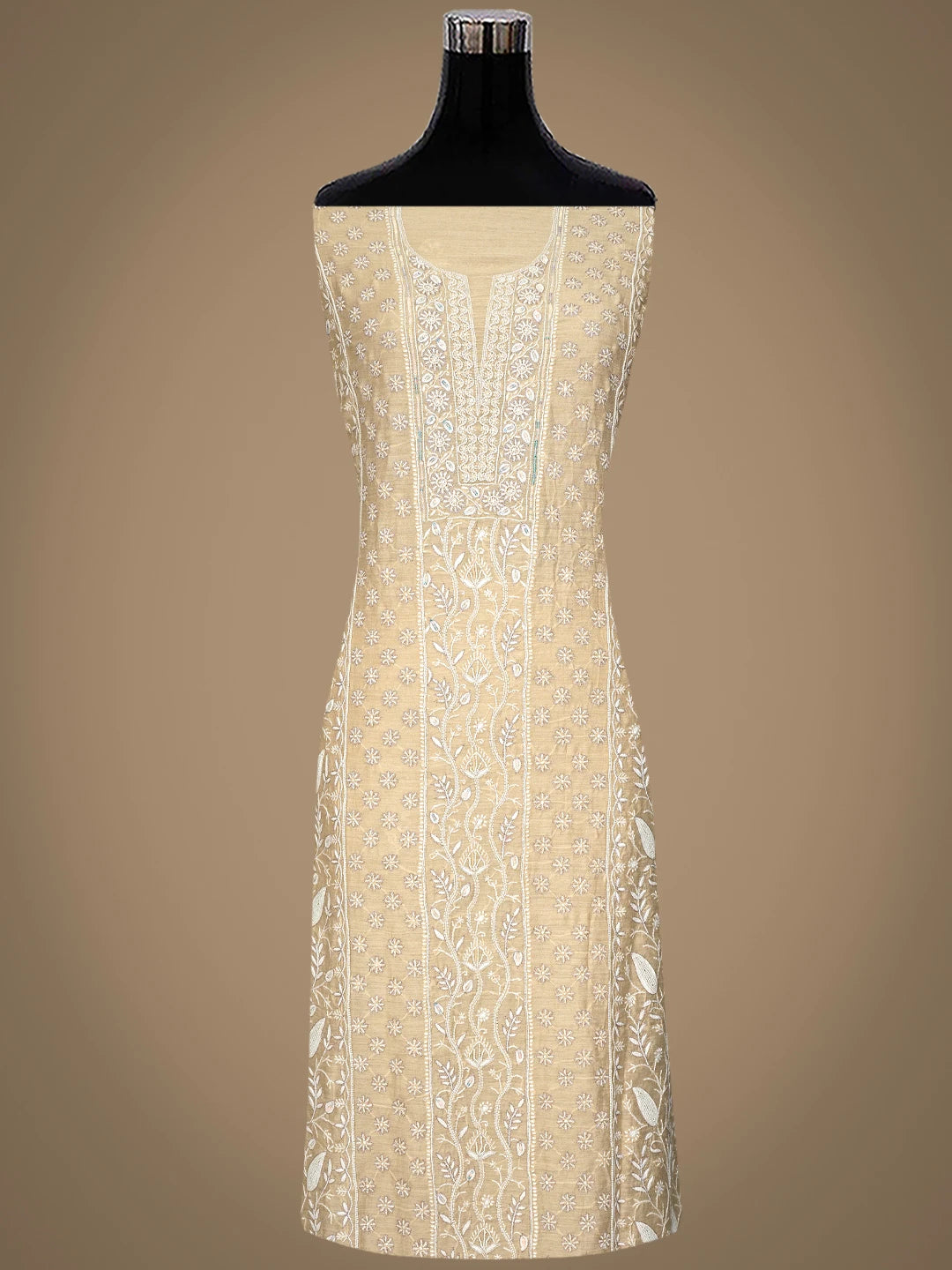 Ada Hand Embroidered Moonga Silk Fawn Lucknowi Chikankari Unstitched Kurta Dupatta Set With Cutdana Work 01A789591