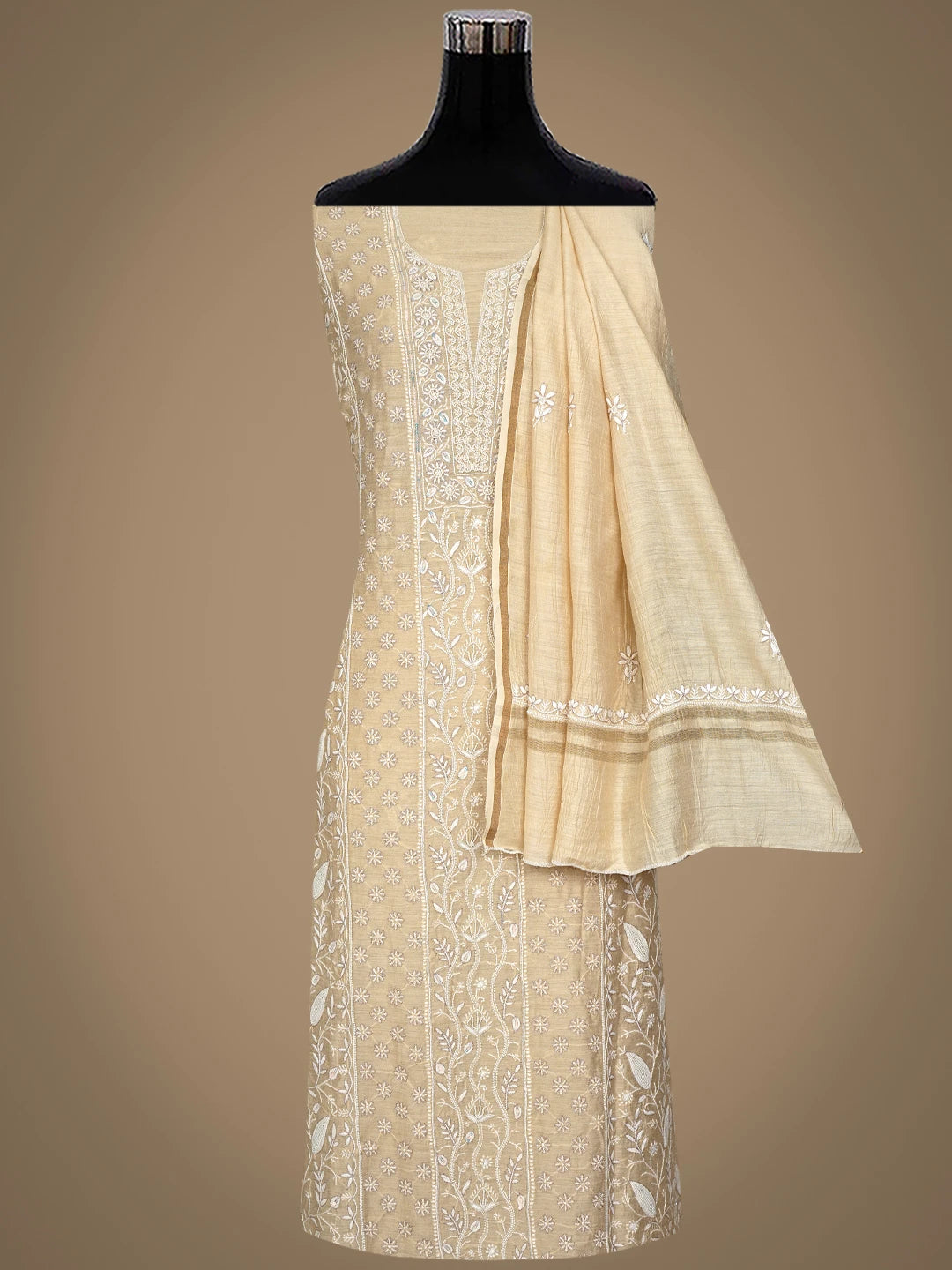 Ada Hand Embroidered Moonga Silk Fawn Lucknowi Chikankari Unstitched Kurta Dupatta Set With Cutdana Work 01A789591