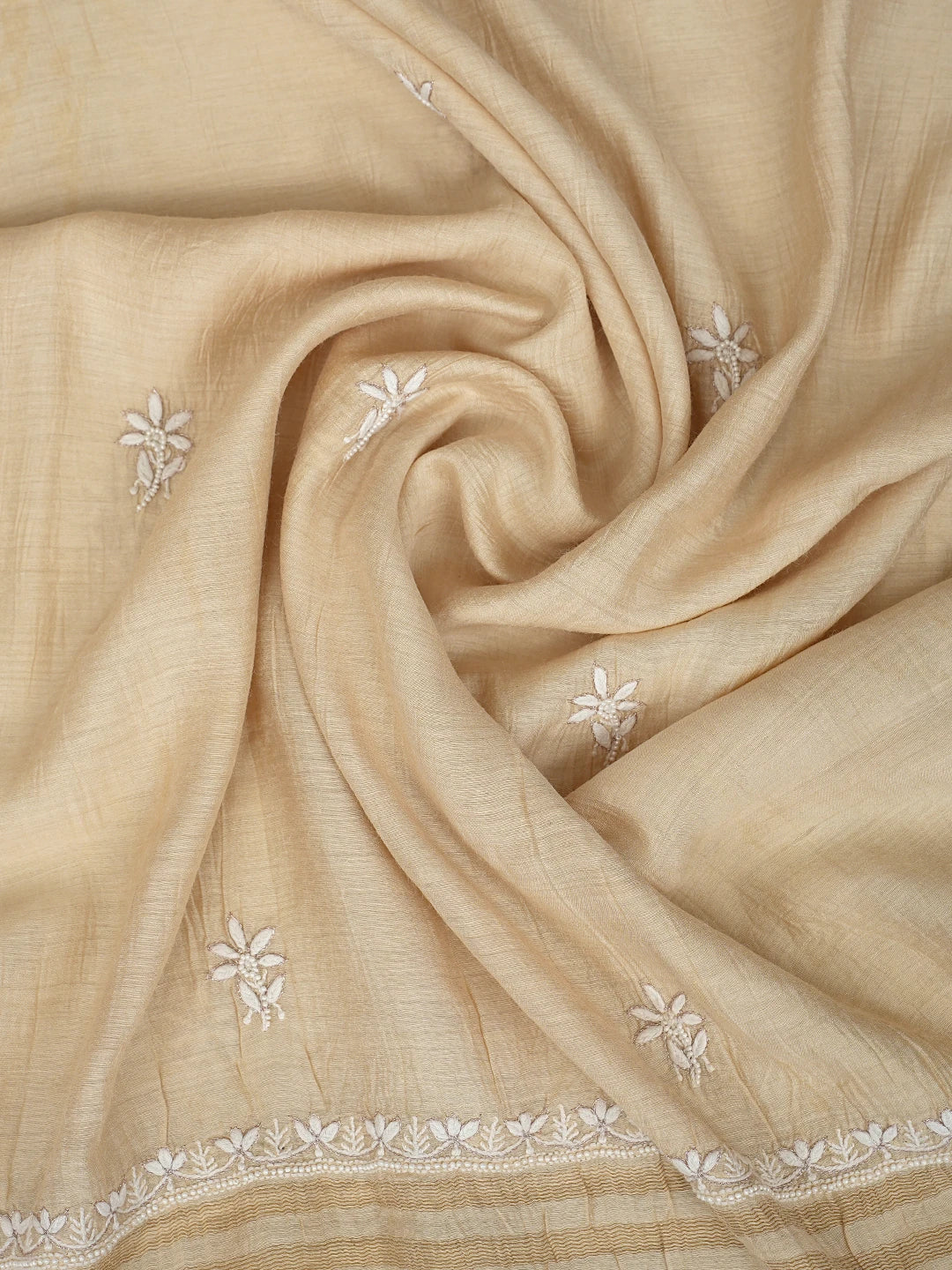 Ada Hand Embroidered Moonga Silk Fawn Lucknowi Chikankari Unstitched Kurta Dupatta Set With Cutdana Work 01A789591
