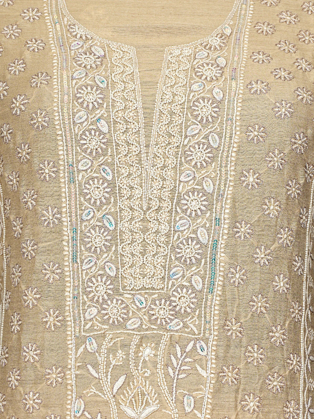 Ada Hand Embroidered Moonga Silk Fawn Lucknowi Chikankari Unstitched Kurta Dupatta Set With Cutdana Work 01A789591