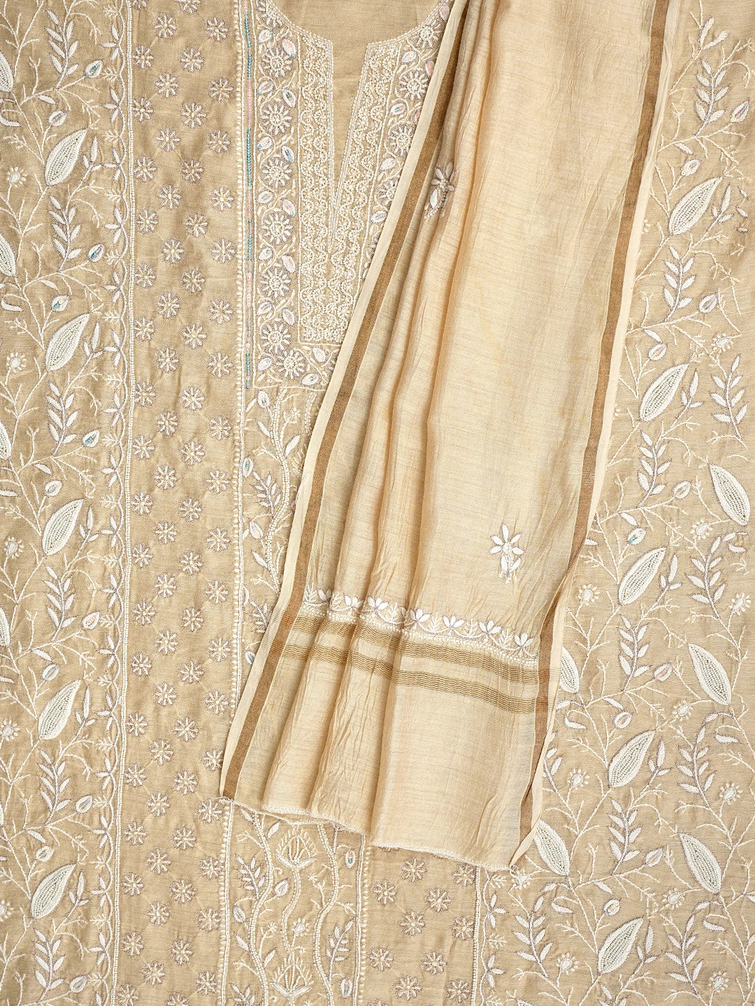Ada Hand Embroidered Moonga Silk Fawn Lucknowi Chikankari Unstitched Kurta Dupatta Set With Cutdana Work 01A789591
