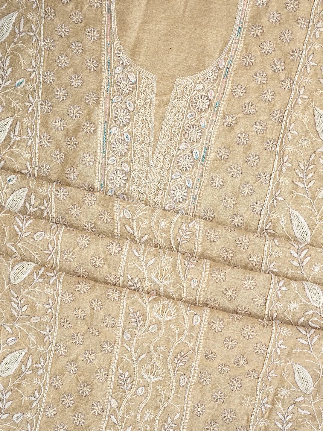 Ada Hand Embroidered Moonga Silk Fawn Lucknowi Chikankari Unstitched Kurta Dupatta Set With Cutdana Work 01A789591