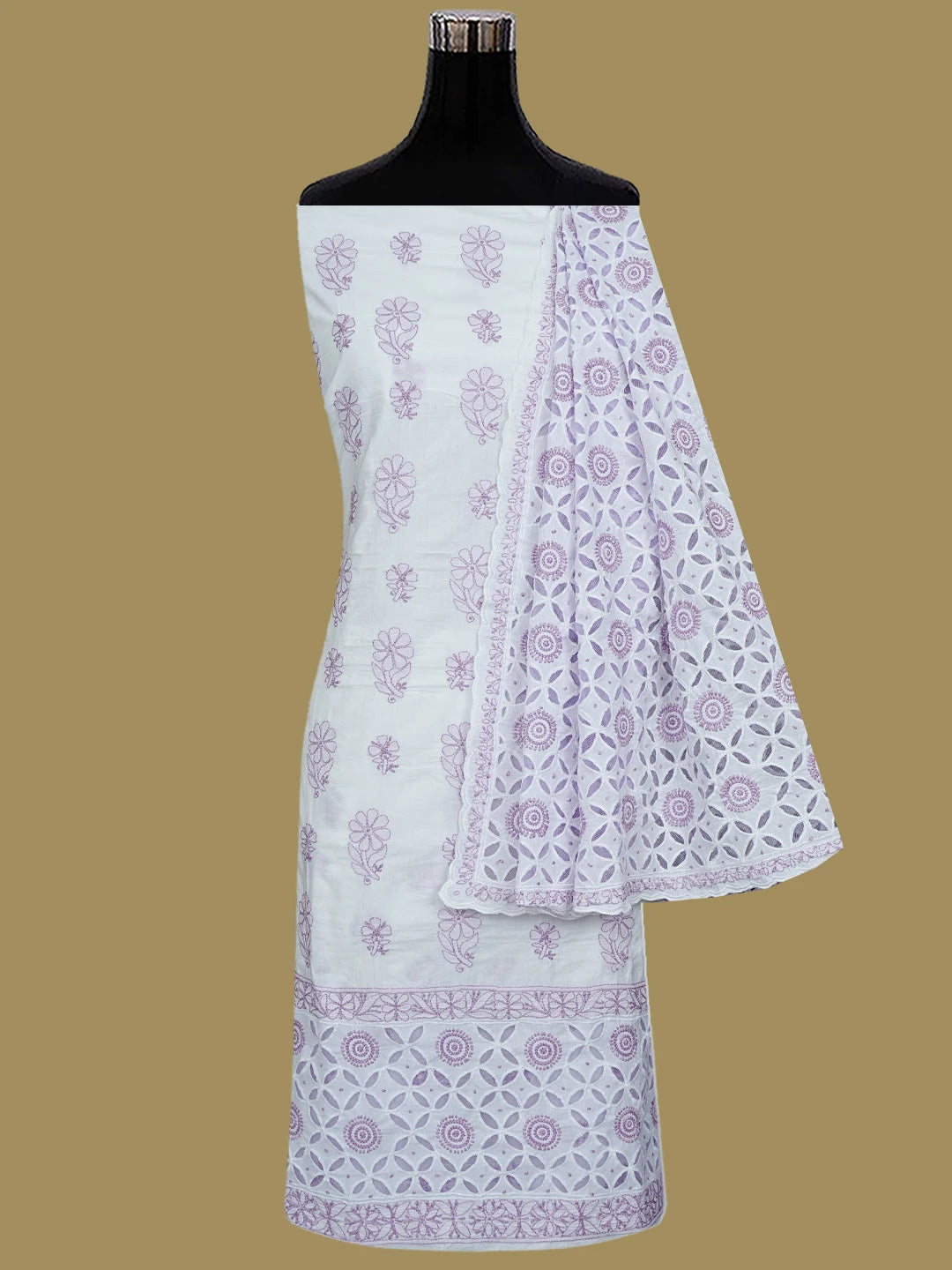 Ada Hand Embroidered White Cotton Lucknowi Chikankari Unstitched Suit Piece 01A735874