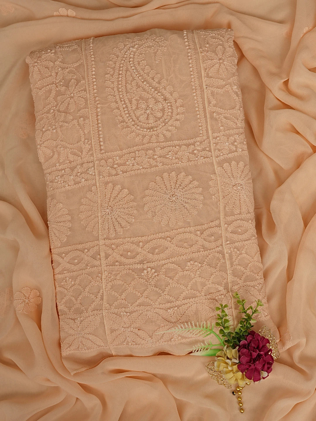Ada Hand Embroidered Peach Viscose Georgette Lucknowi Chikankari Semi-stitched Anarkali Kurta Dupatta Set 01A513889