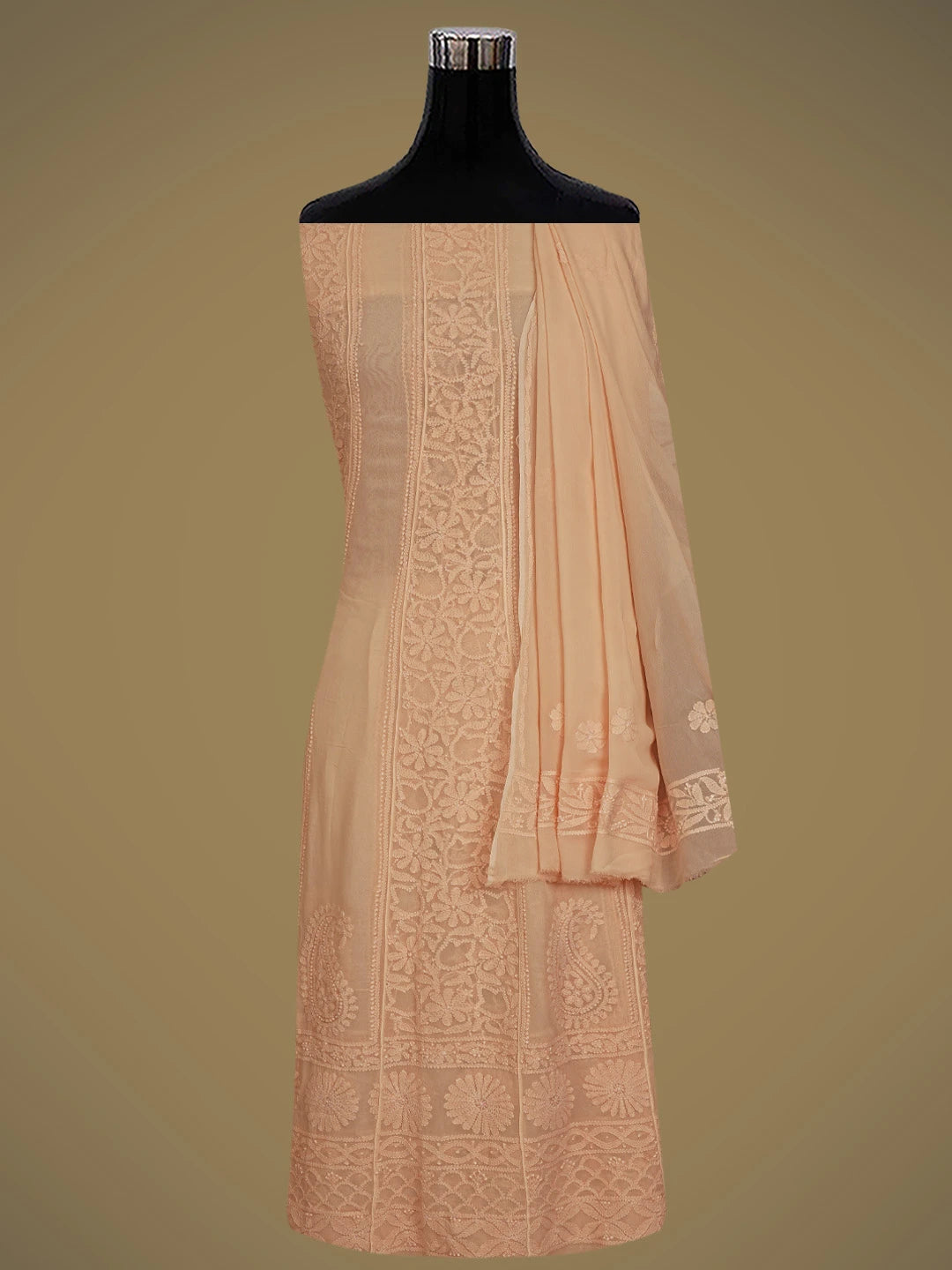 Ada Hand Embroidered Peach Viscose Georgette Lucknowi Chikankari Semi-stitched Anarkali Kurta Dupatta Set 01A513889