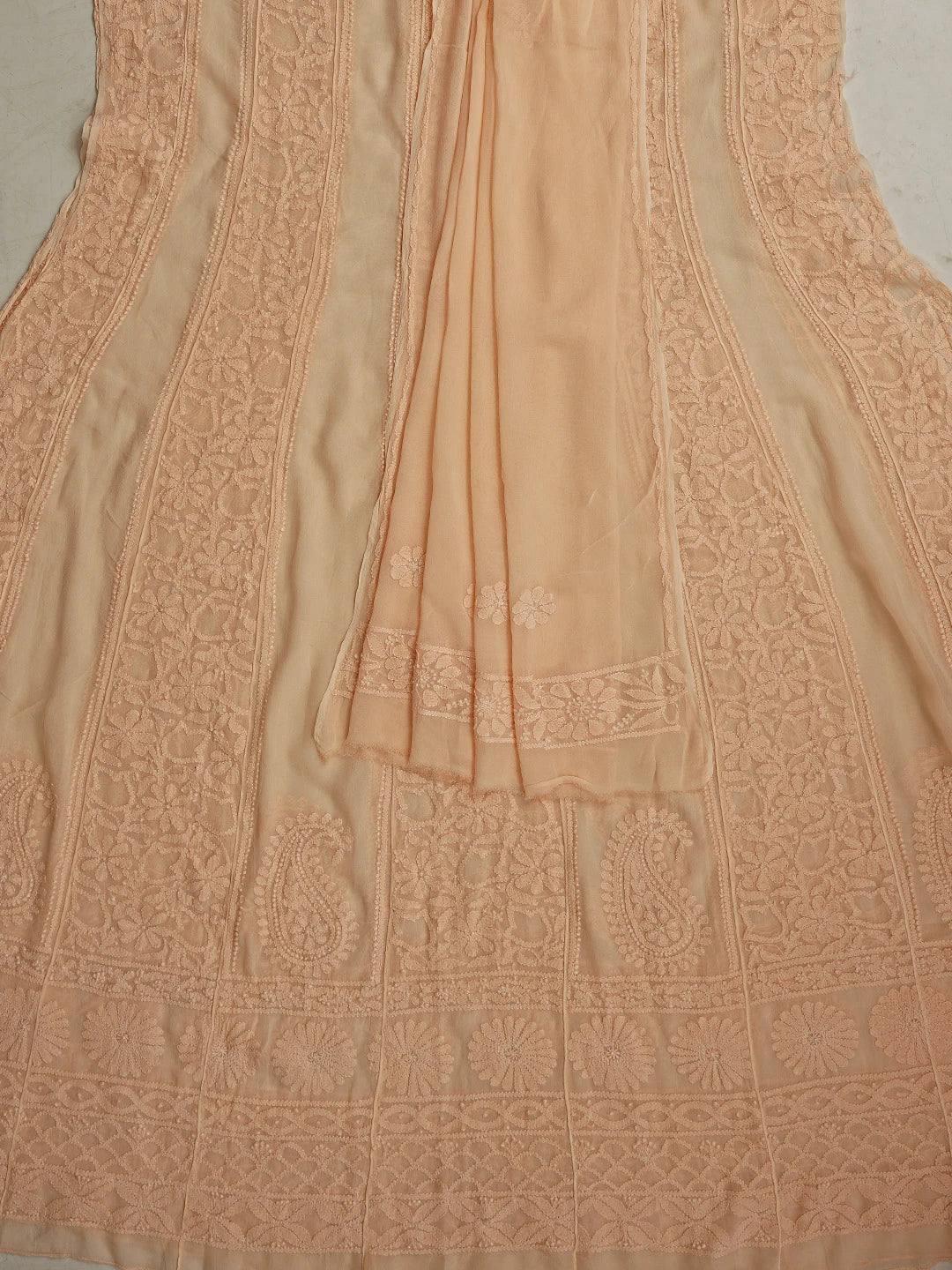 Ada Hand Embroidered Peach Viscose Georgette Lucknowi Chikankari Semi-stitched Anarkali Kurta Dupatta Set 01A513889