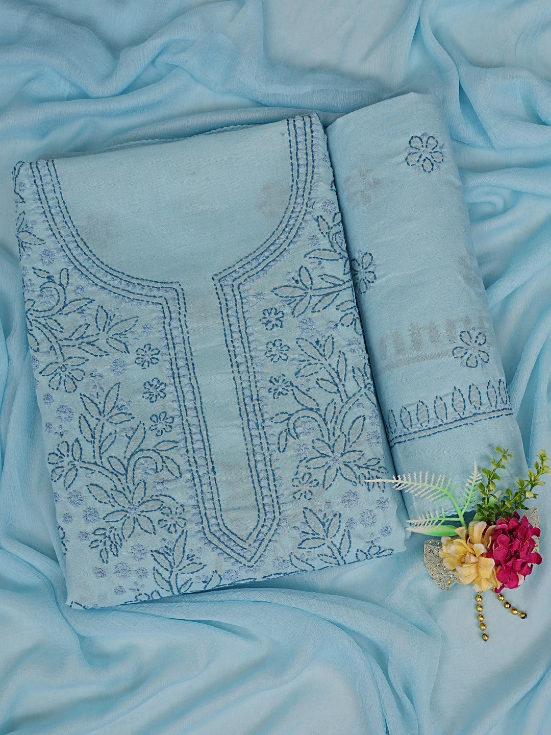 Ada Hand Embroidered Blue Cotton Lucknowi Chikankari Unstitched Suit Piece 01A633619
