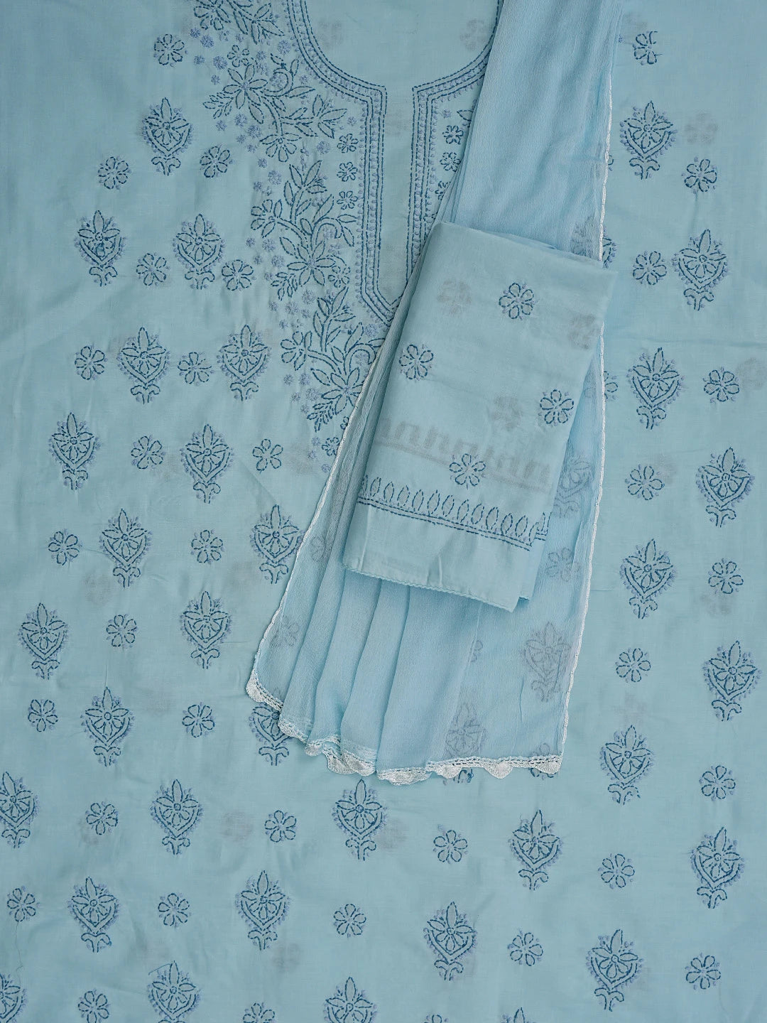 Ada Hand Embroidered Blue Cotton Lucknowi Chikankari Unstitched Suit Piece 01A633619