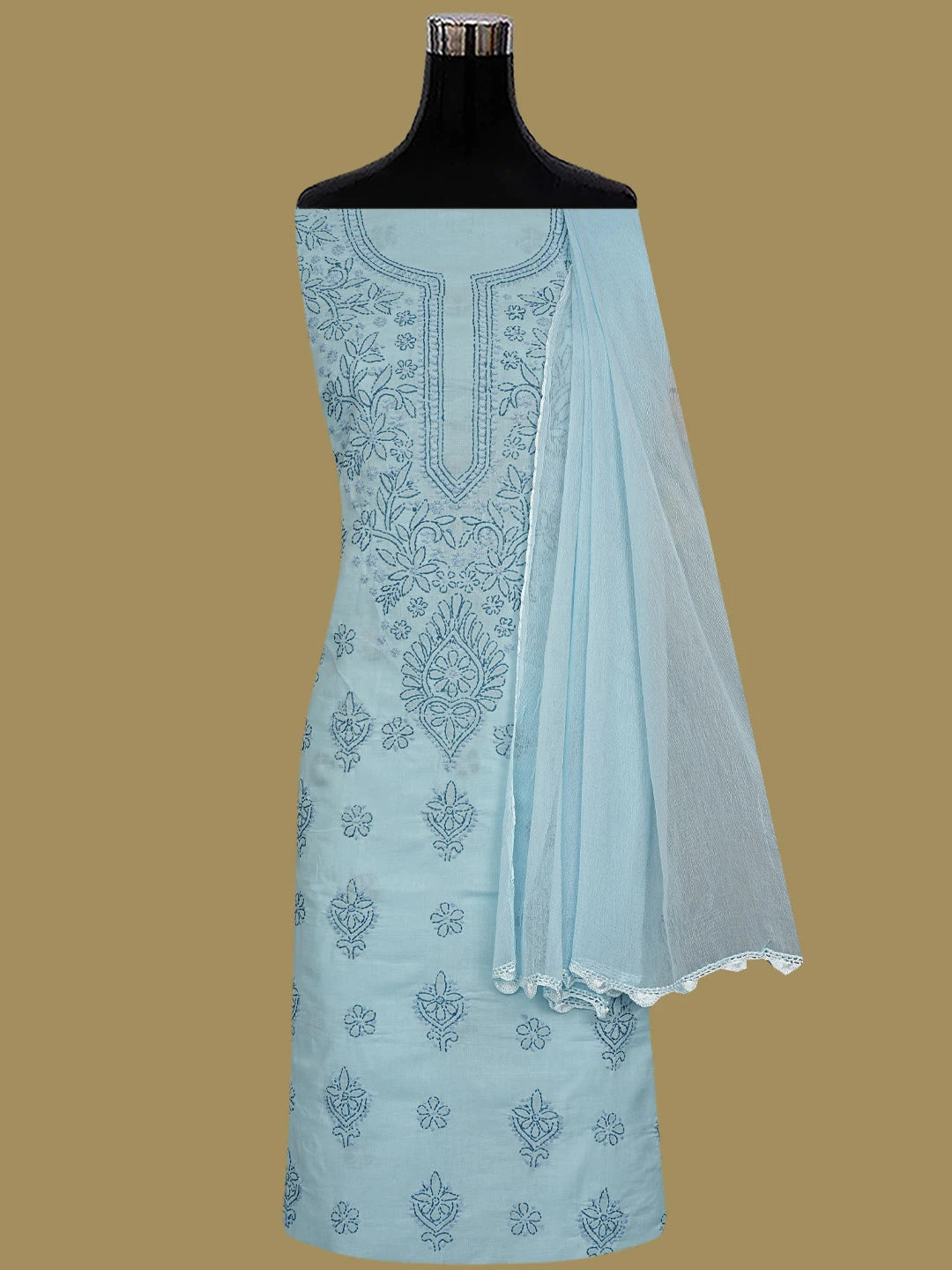 Ada Hand Embroidered Blue Cotton Lucknowi Chikankari Unstitched Suit Piece 01A633619