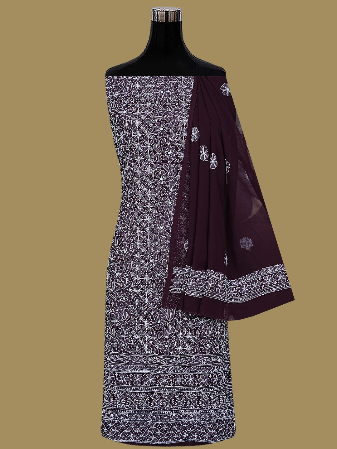 Ada Hand Embroidered Wine Georgette Lucknowi Chikankari Unstitched Suit Piece With Cutdana Work 01A699163