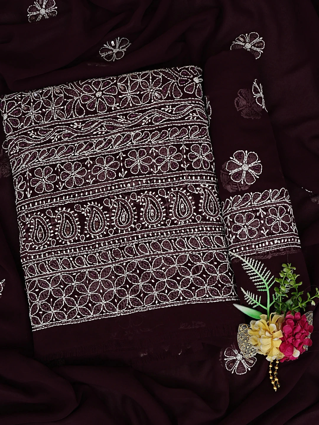 Ada Hand Embroidered Wine Georgette Lucknowi Chikankari Unstitched Suit Piece With Cutdana Work 01A699163