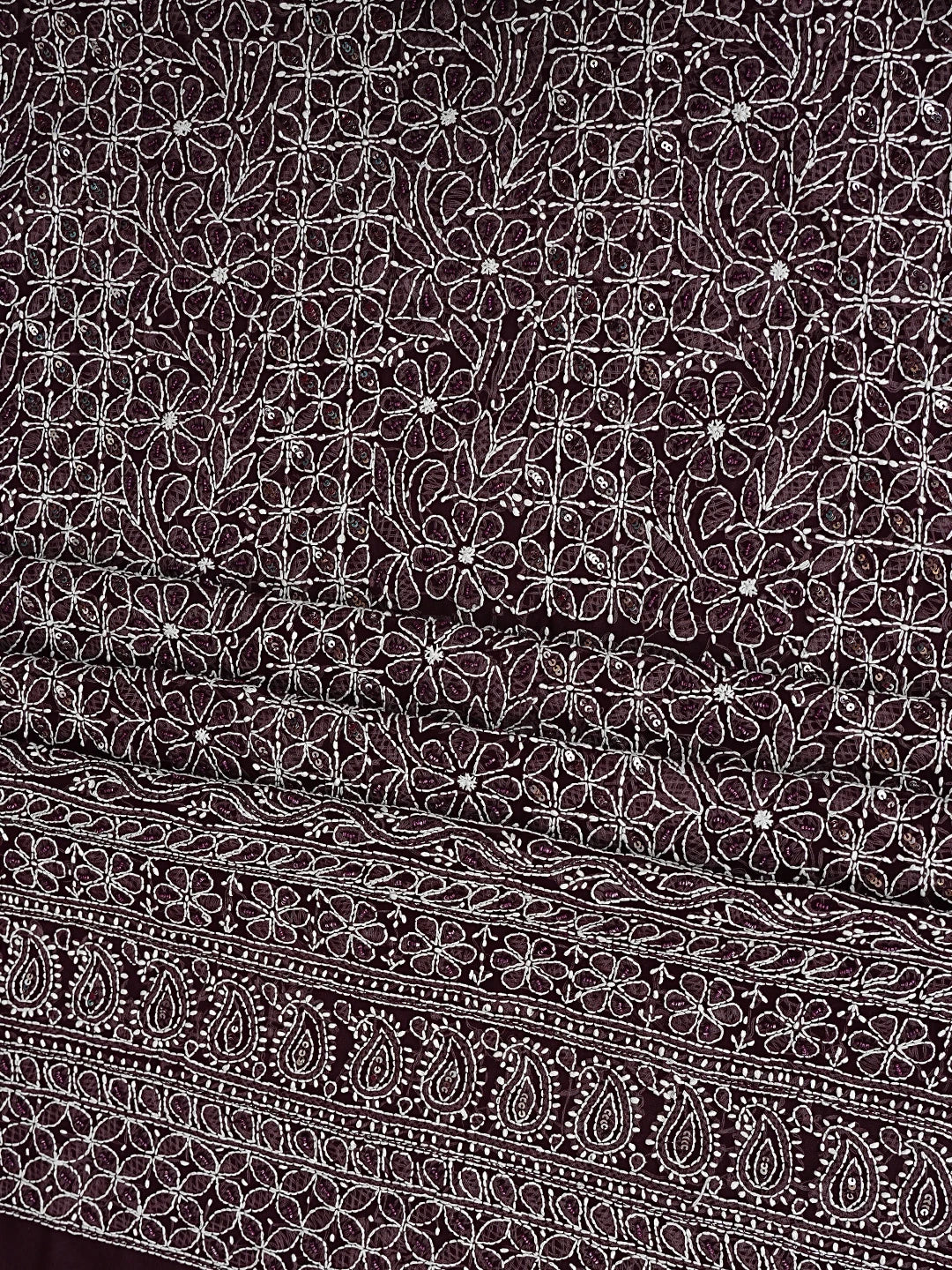 Ada Hand Embroidered Wine Georgette Lucknowi Chikankari Unstitched Suit Piece With Cutdana Work 01A699163