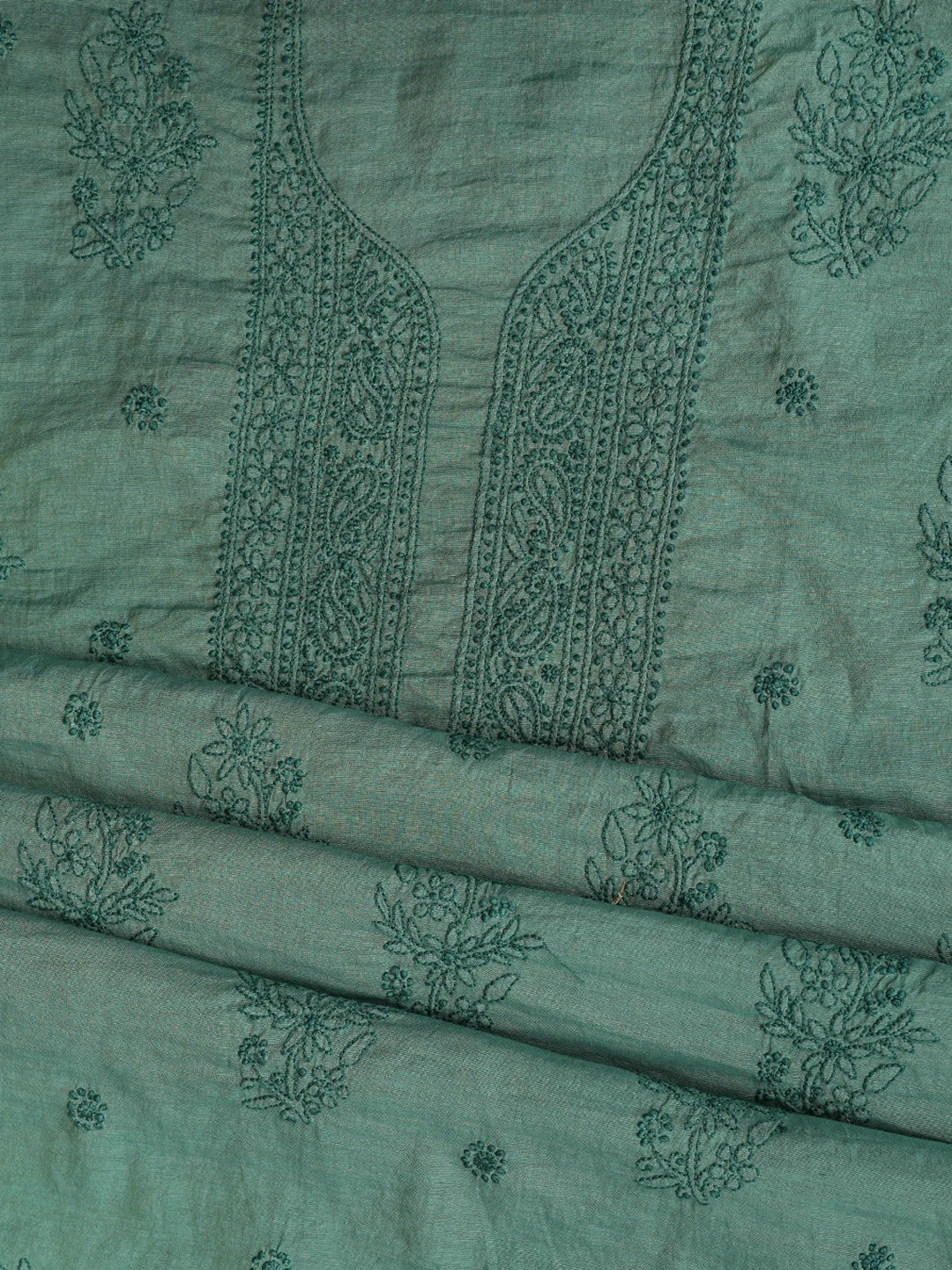 Ada Hand Embroidered Green Chanderi Lucknowi Chikankari Unstitched Kurta Dupatta Set 01A850052
