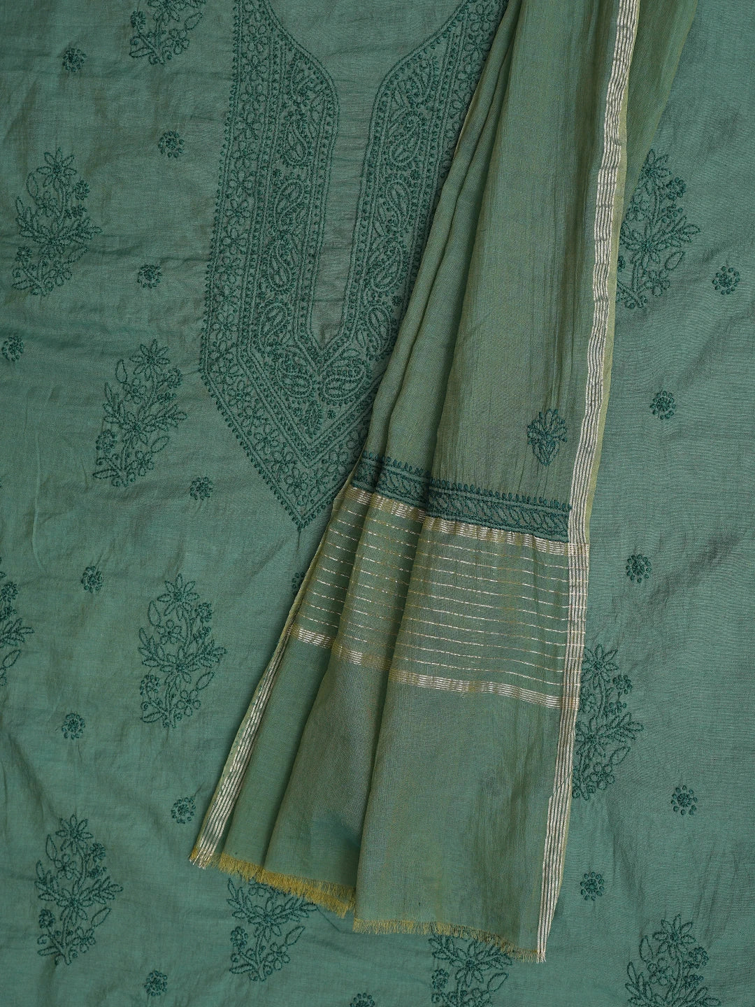 Ada Hand Embroidered Green Chanderi Lucknowi Chikankari Unstitched Kurta Dupatta Set 01A850052