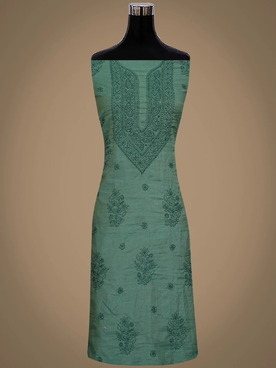 Ada Hand Embroidered Green Chanderi Lucknowi Chikankari Unstitched Kurta Dupatta Set 01A850052