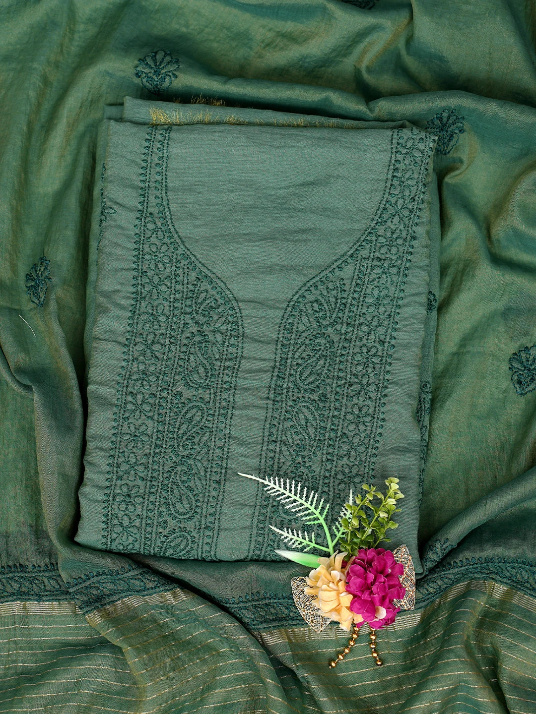 Ada Hand Embroidered Green Chanderi Lucknowi Chikankari Unstitched Kurta Dupatta Set 01A850052