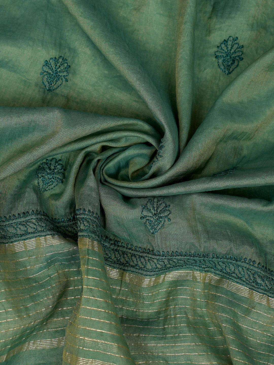 Ada Hand Embroidered Green Chanderi Lucknowi Chikankari Unstitched Kurta Dupatta Set 01A850052