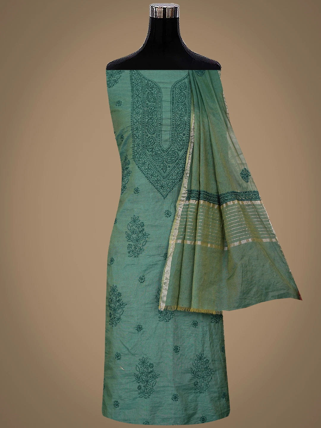 Ada Hand Embroidered Green Chanderi Lucknowi Chikankari Unstitched Kurta Dupatta Set 01A850052