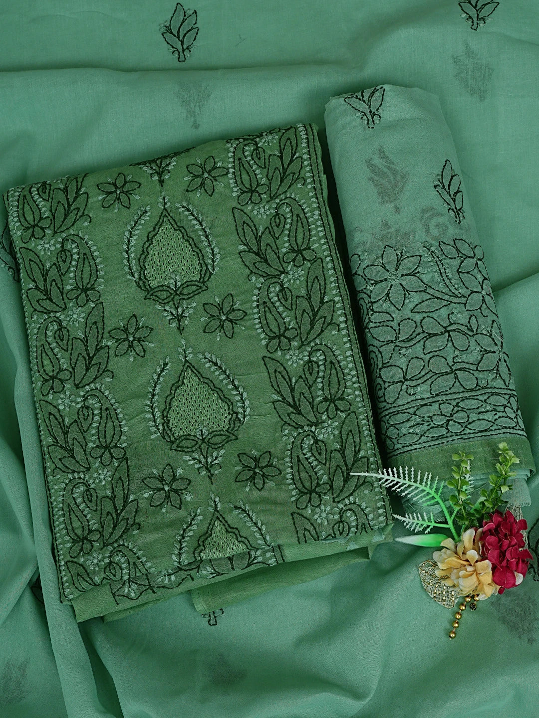 Ada Hand Embroidered Asparagus Green Cotton Lucknowi Chikankari Unstitched Suit Piece 01A845218