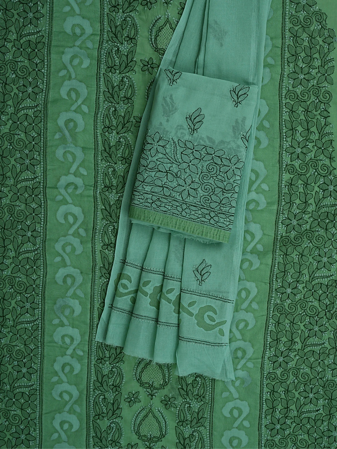 Ada Hand Embroidered Asparagus Green Cotton Lucknowi Chikankari Unstitched Suit Piece 01A845218