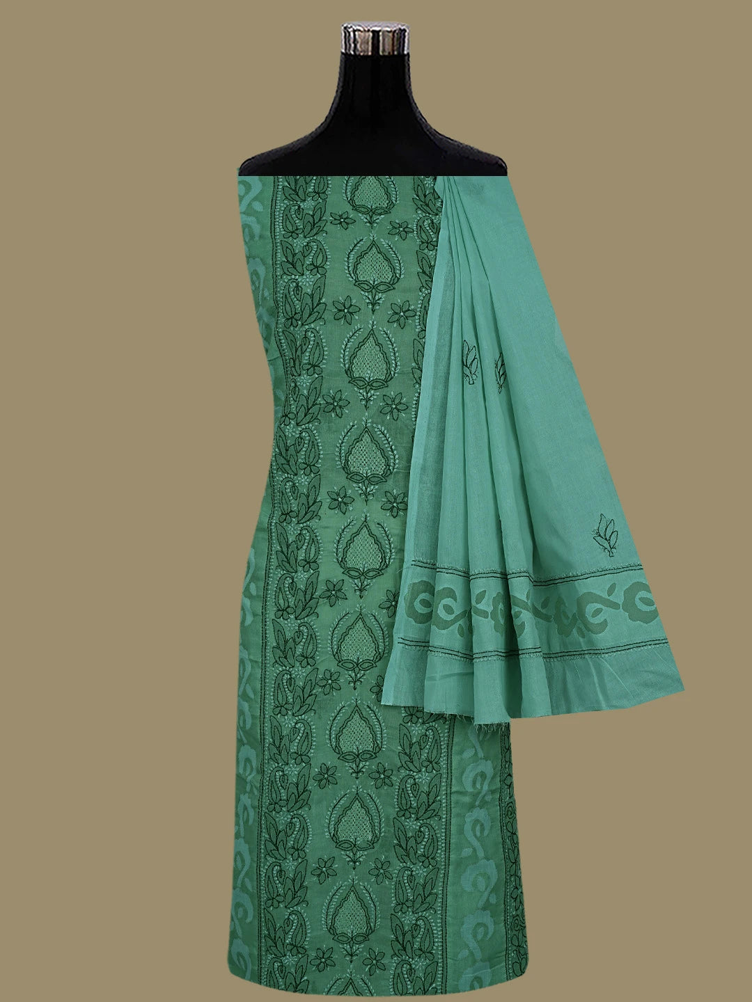 Ada Hand Embroidered Asparagus Green Cotton Lucknowi Chikankari Unstitched Suit Piece 01A845218