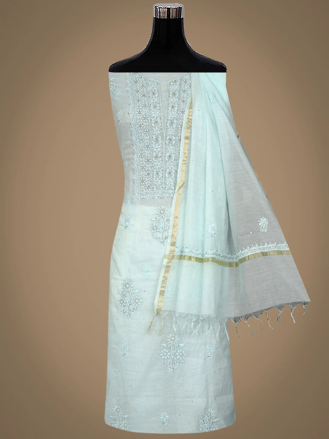 Ada Hand Embroidered Sky Blue Chanderi Lucknowi Chikankari Unstitched Kurta Dupatta Set With Cutdana Work 01A789515