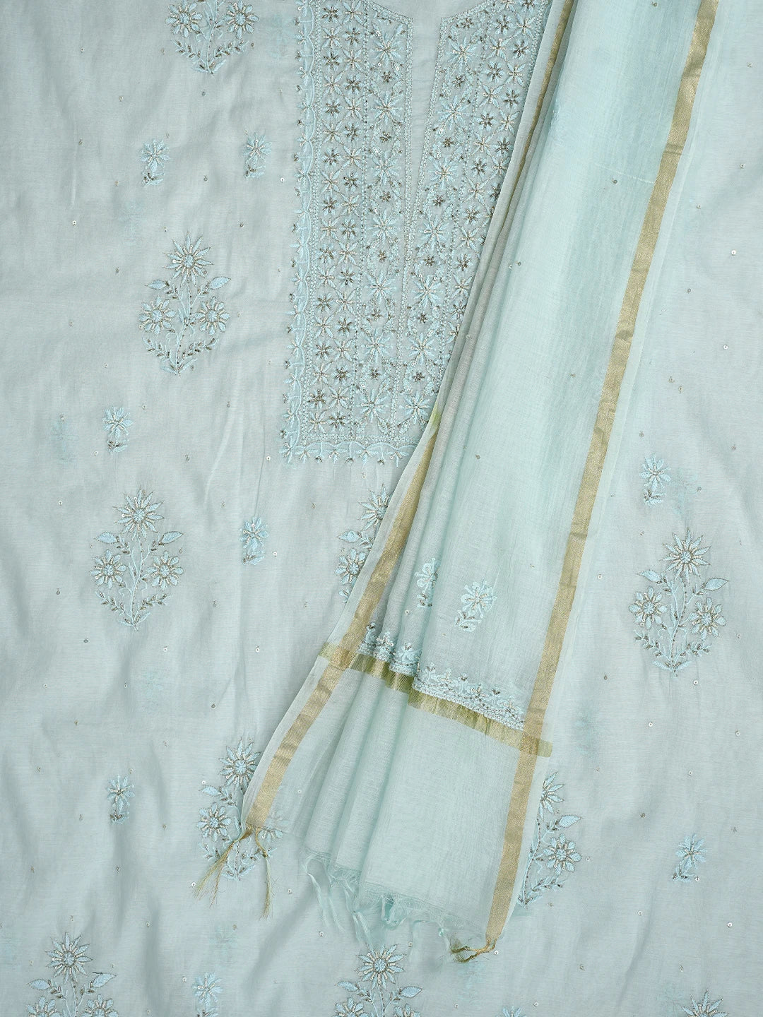 Ada Hand Embroidered Sky Blue Chanderi Lucknowi Chikankari Unstitched Kurta Dupatta Set With Cutdana Work 01A789515